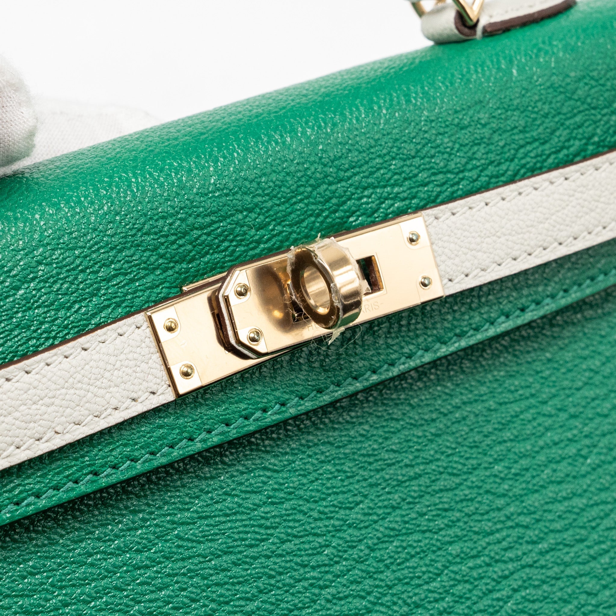HERMES MINI KELLY SPECIAL ORDER CHÈVRE MYSORE VERT VERTIGO/GRIS PERLE LGHW