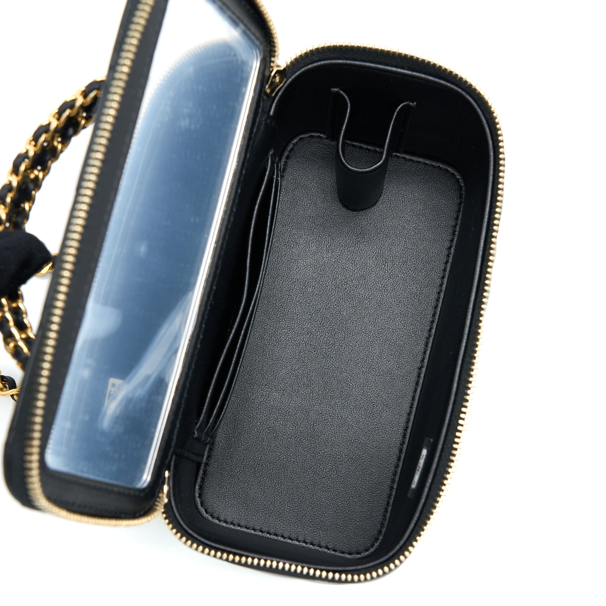CHANEL 22K LEATHER CHAIN TOP HANDLE LONG VANITY CASE LAMBSKIN BLACK BRUSHED GHW