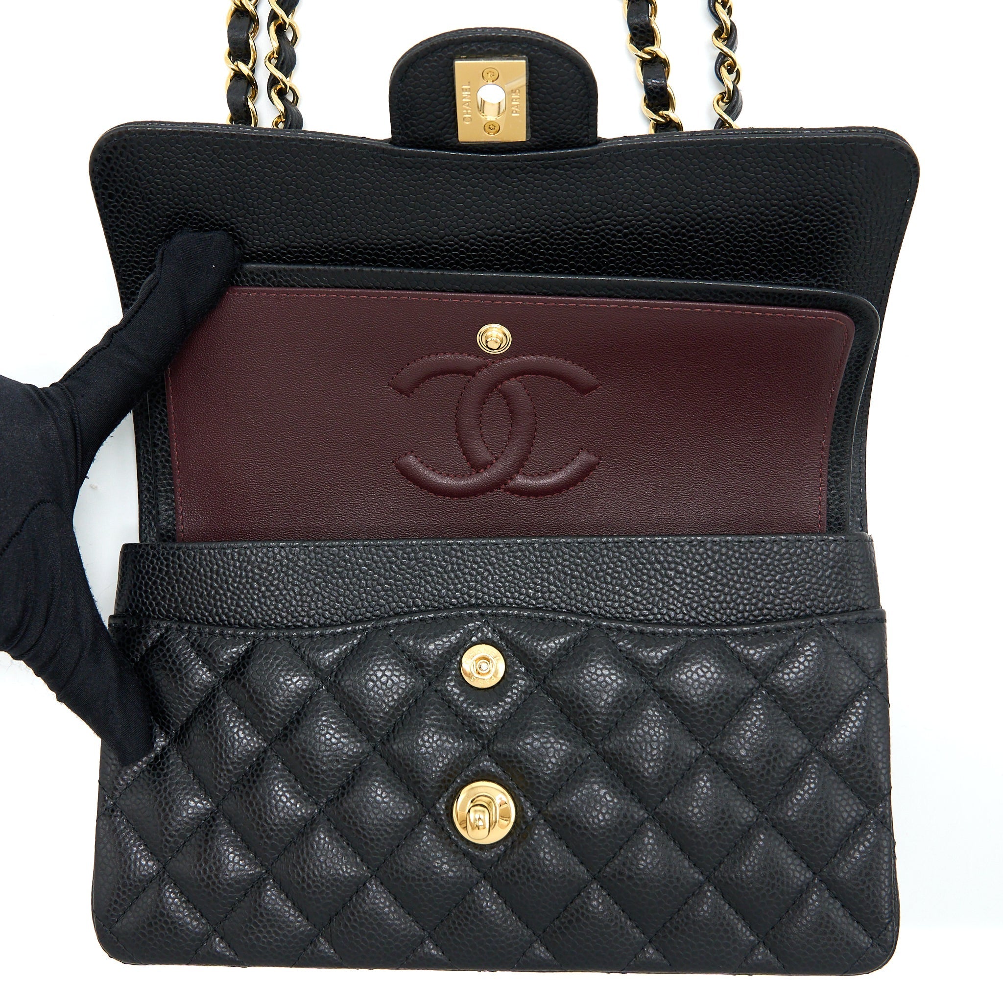 CHANEL SMALL CLASSIC FLAP BAG CAVIAR BLACK GHW (MICROCHIP)