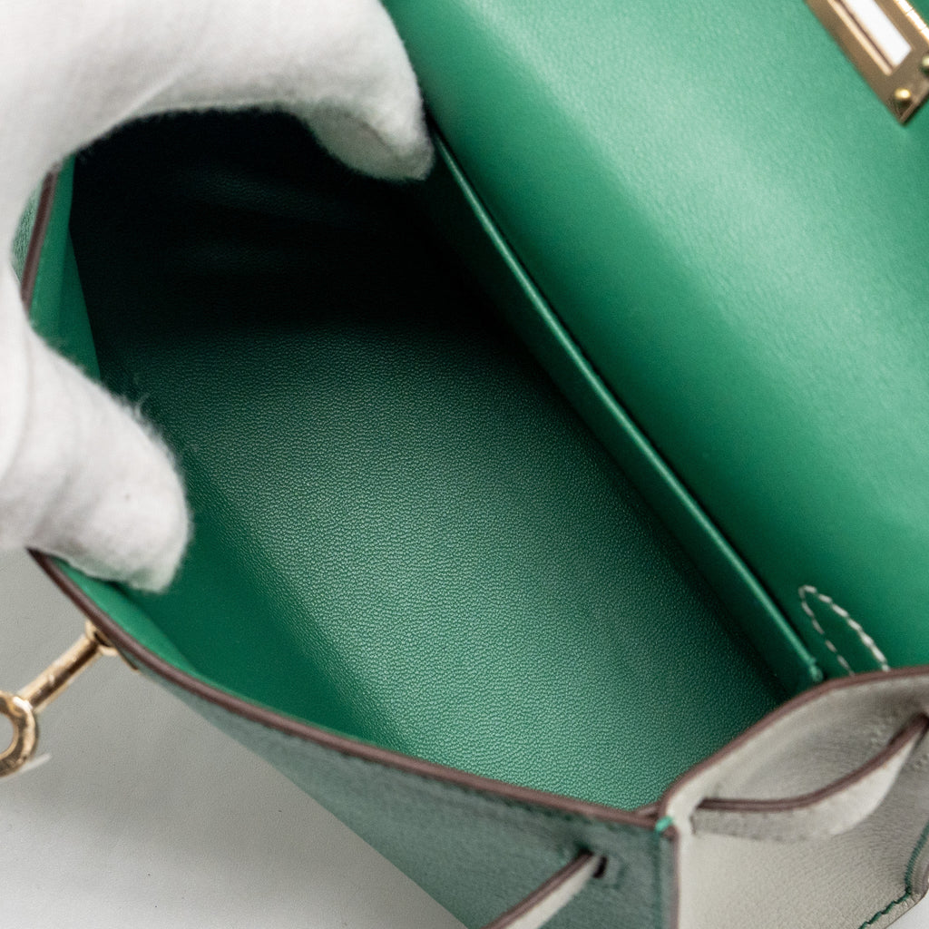 HERMES MINI KELLY SPECIAL ORDER CHÈVRE MYSORE VERT VERTIGO/GRIS PERLE LGHW