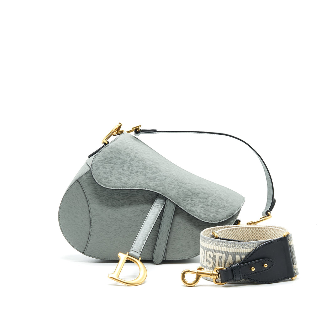 DIOR MEDIUM SADDLE BAG GRAINED CALFSKIN GREY WITH DIOR CANVAS SHOULDER STRAP
