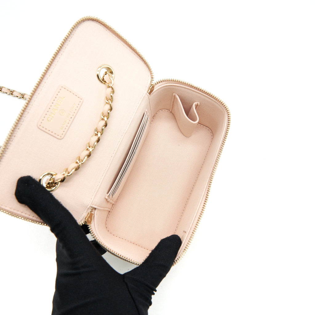 CHANEL 22C LONG VANITY WITH CHAIN CAVIAR BEIGE LGHW