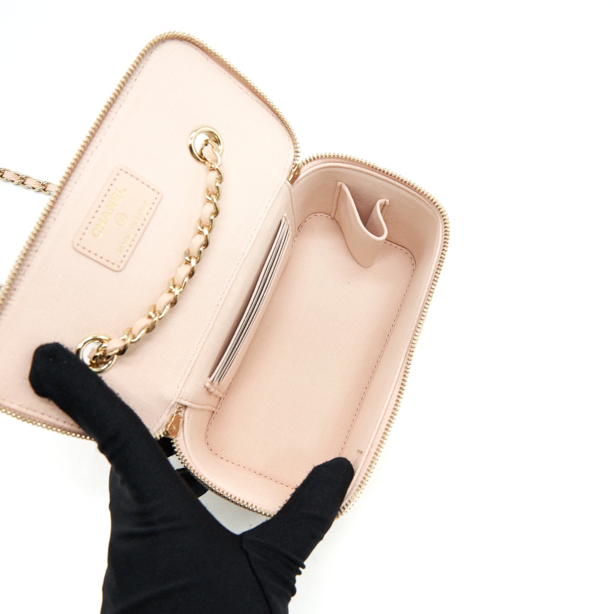 CHANEL 22C LONG VANITY WITH CHAIN CAVIAR BEIGE LGHW