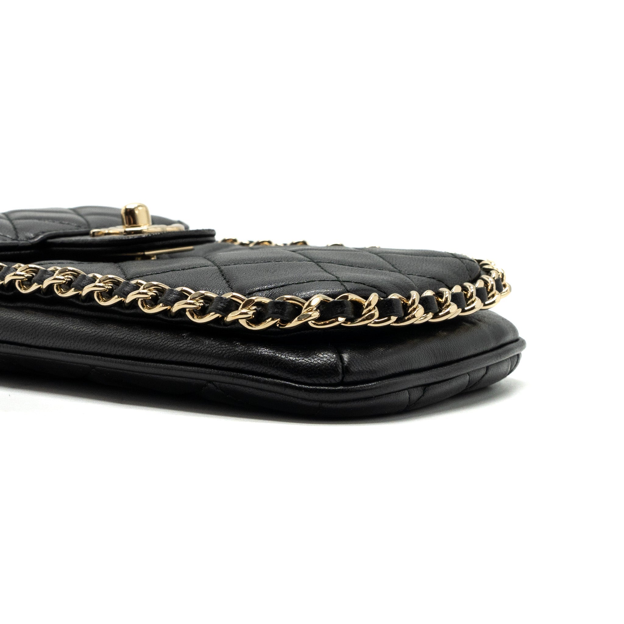 CHANEL PHONE HOLDER WITH CHAIN LAMBSKIN BLACK LGHW