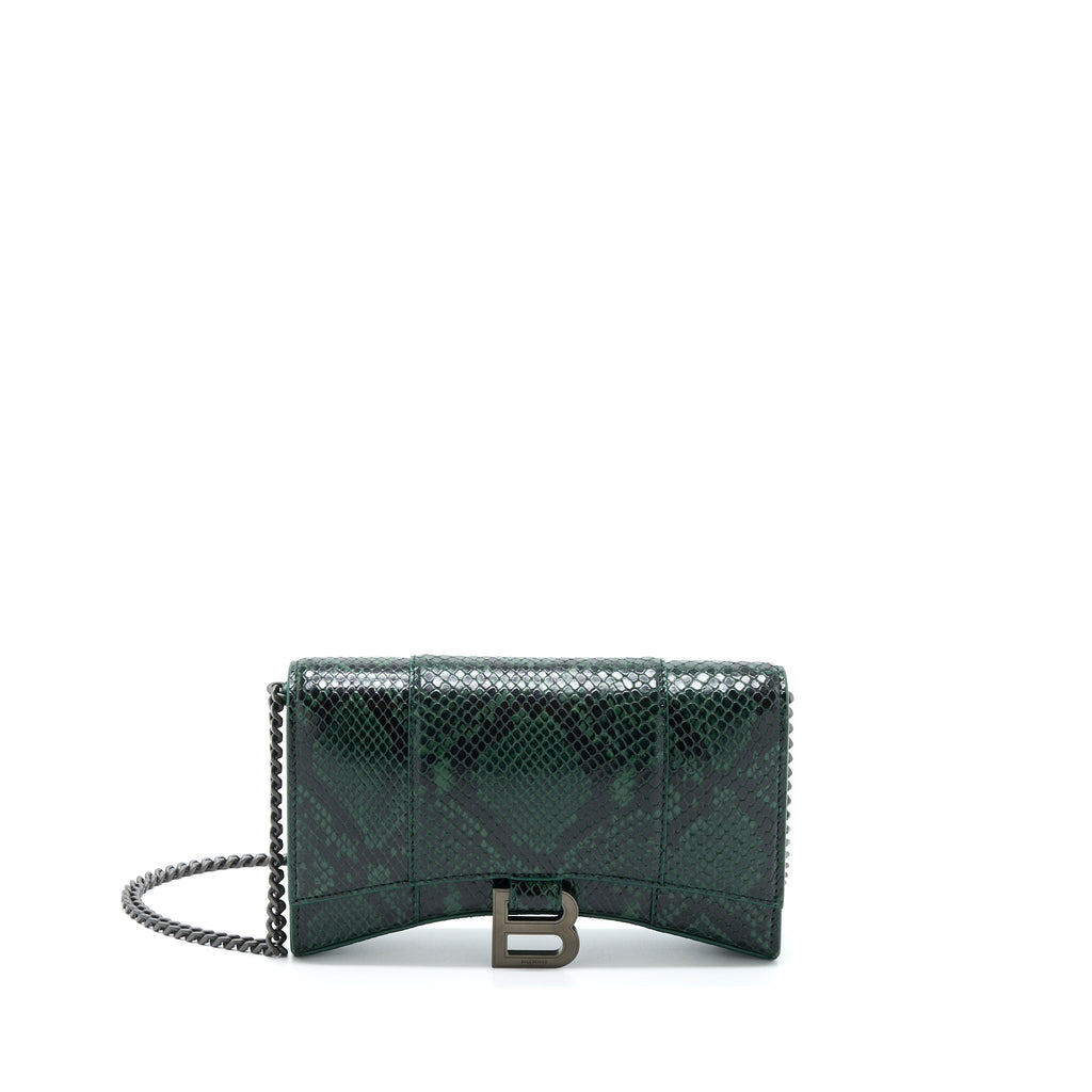 BALENCIAGA HOURGLASS WALLET WITH CHAIN PYTHON EMBOSSED CALFSKIN BLACK/ DARK GREEN