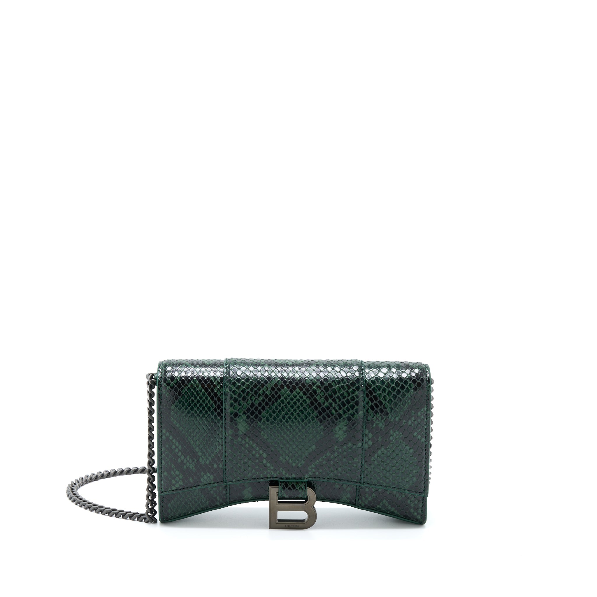 BALENCIAGA HOURGLASS WALLET WITH CHAIN PYTHON EMBOSSED CALFSKIN BLACK/ DARK GREEN