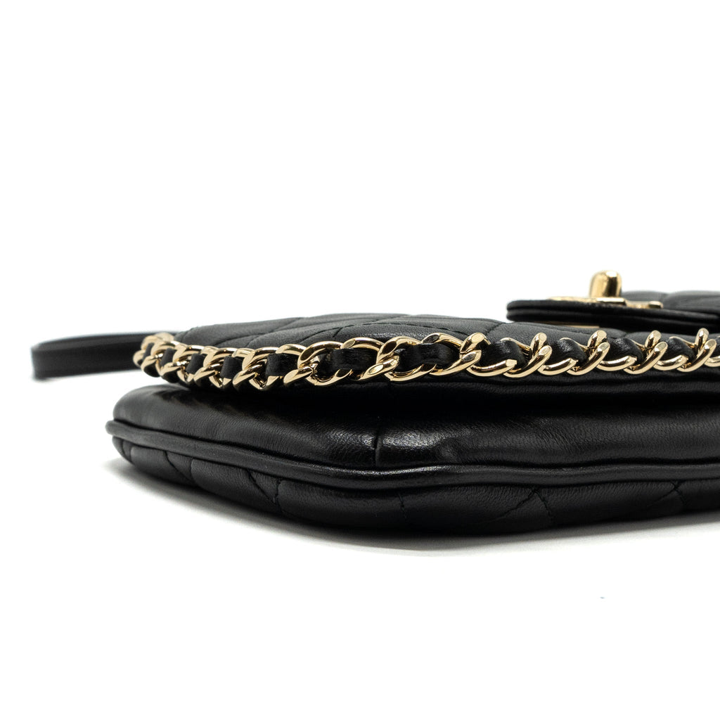 CHANEL PHONE HOLDER WITH CHAIN LAMBSKIN BLACK LGHW
