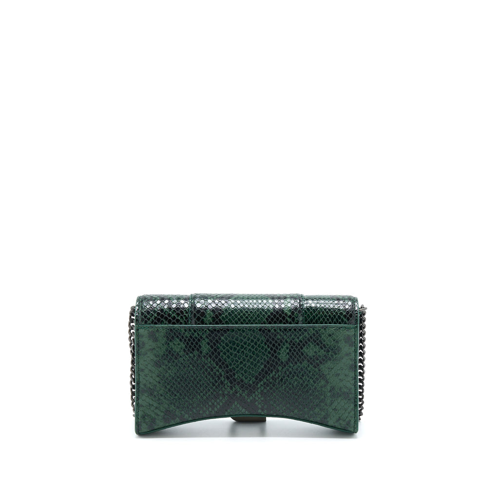 BALENCIAGA HOURGLASS WALLET WITH CHAIN PYTHON EMBOSSED CALFSKIN BLACK/ DARK GREEN