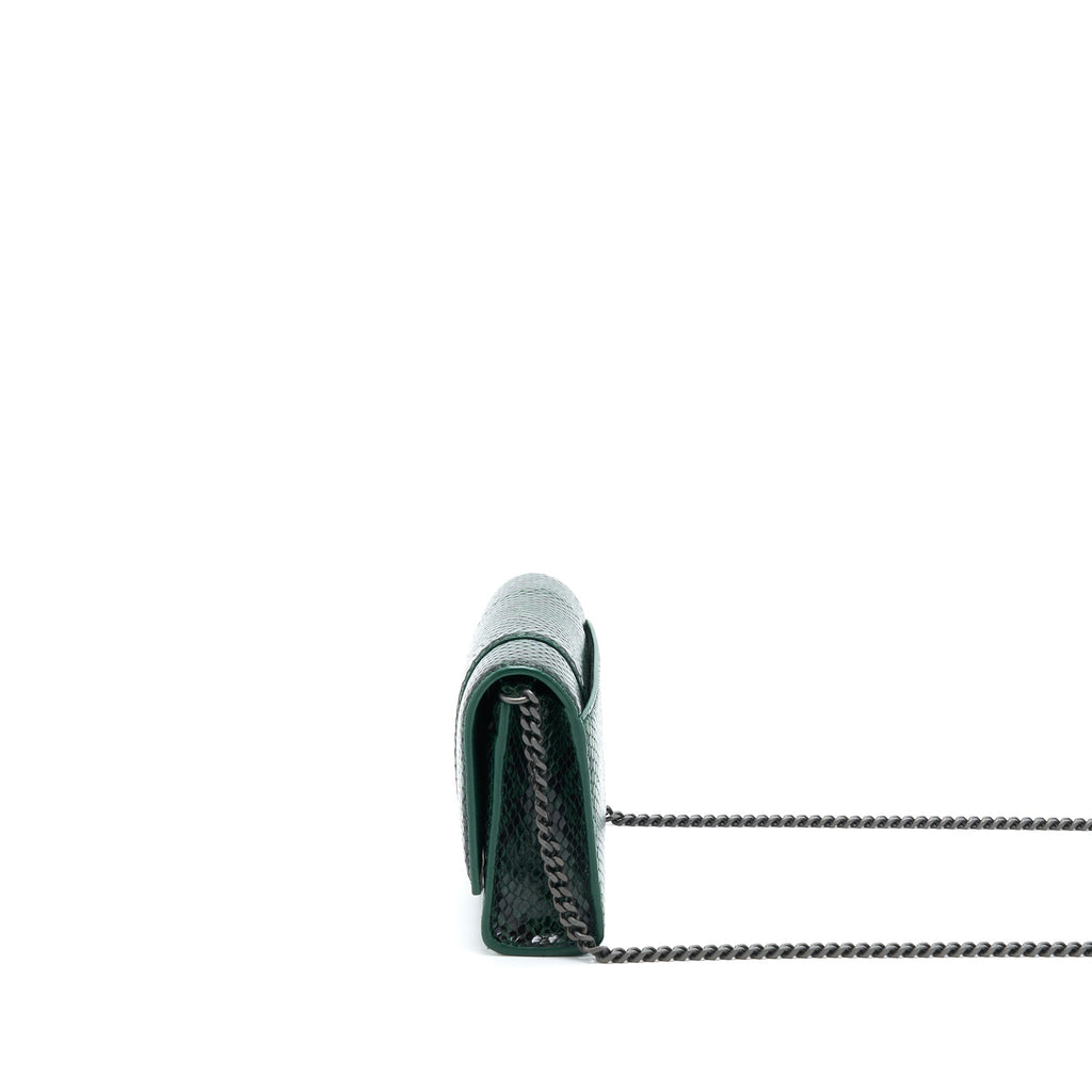 BALENCIAGA HOURGLASS WALLET WITH CHAIN PYTHON EMBOSSED CALFSKIN BLACK/ DARK GREEN