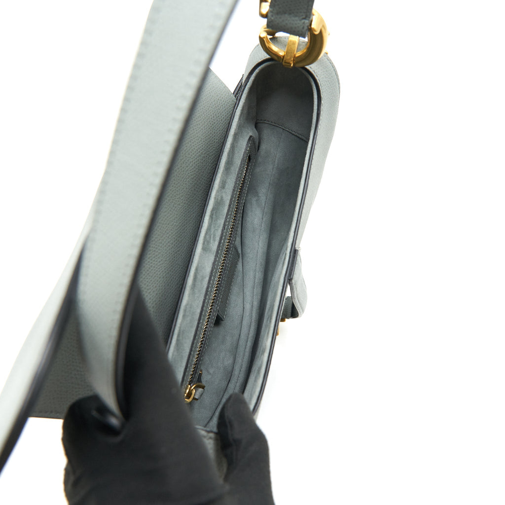 DIOR MEDIUM SADDLE BAG GRAINED CALFSKIN GREY WITH DIOR CANVAS SHOULDER STRAP