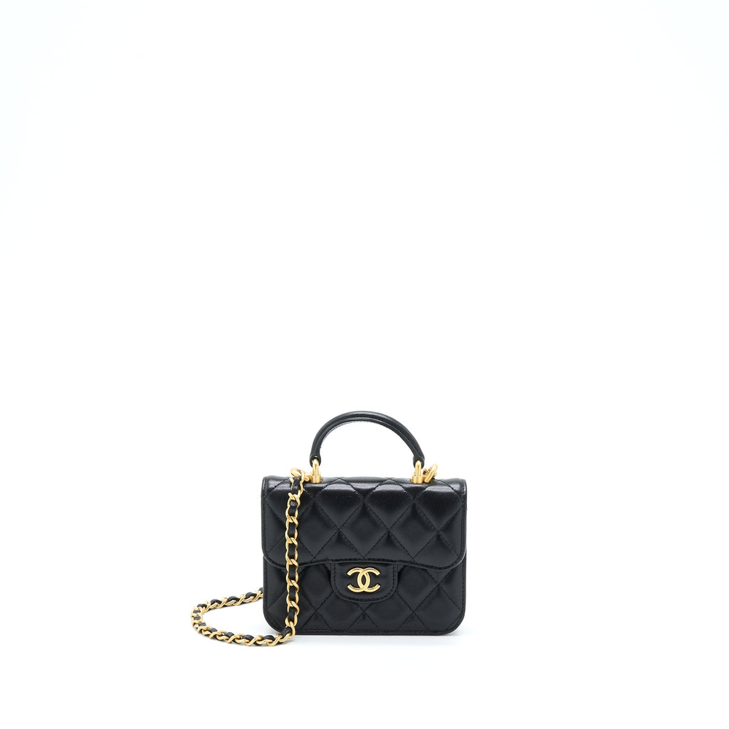CHANEL TOP HANDLE MINI FLAP CARD HOLDER LAMBSKIN BLACK GHW