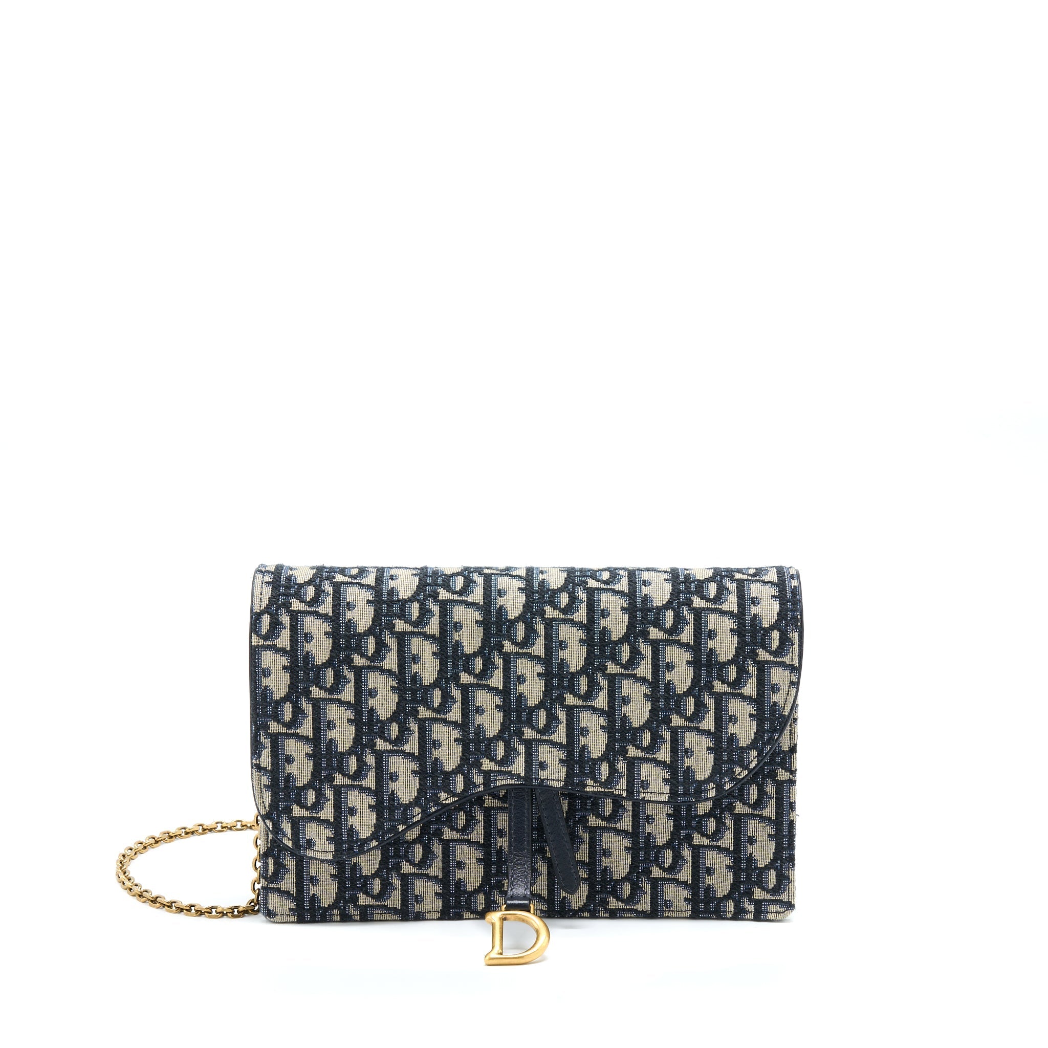 DIOR SADDLE POUCH WITH CHAIN BLUE DIOR OBLIQUE JACQUARD GHW