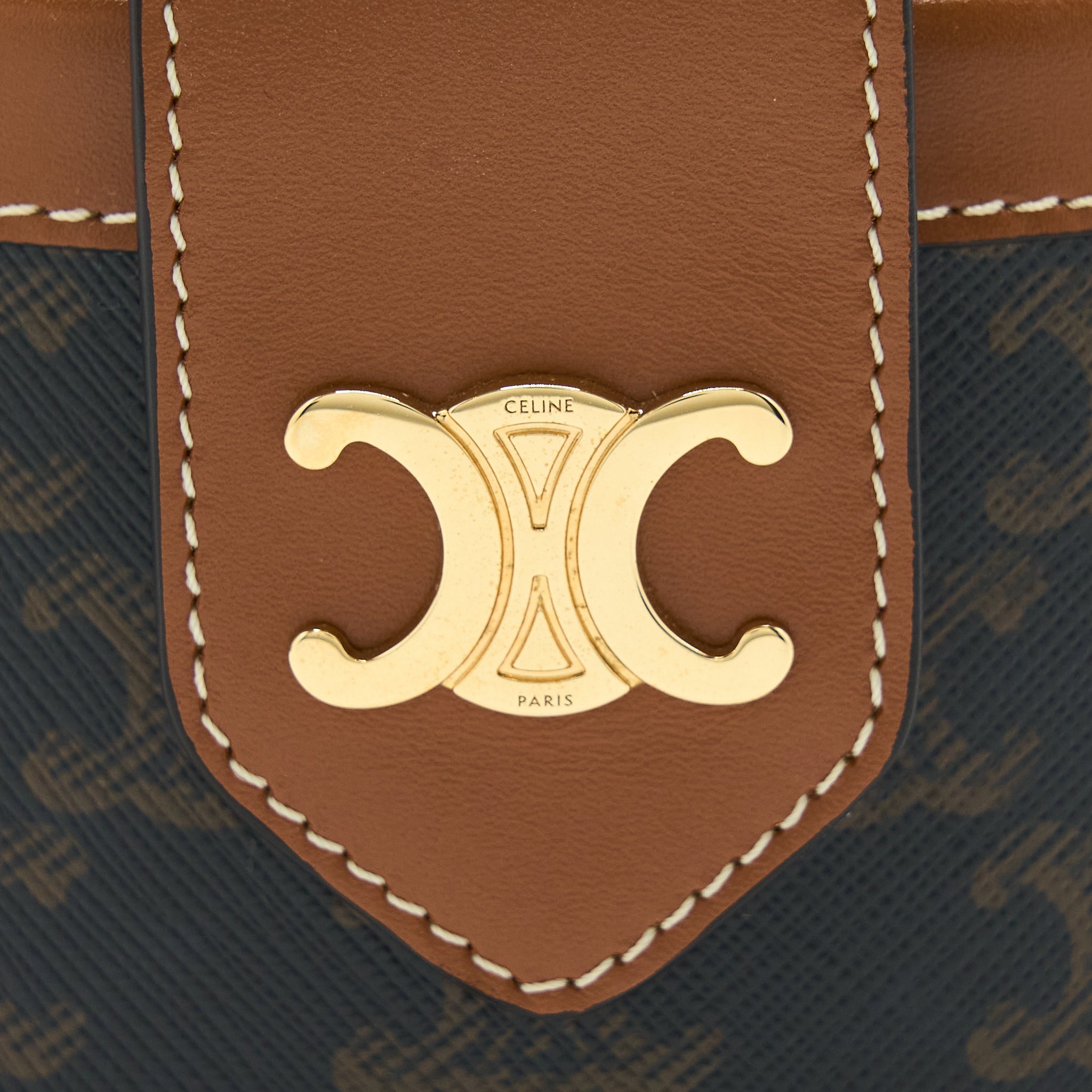 CELINE MEDIUM TAMBOUR BAG TRIOMPHE CANVAS AND CALFSKIN TAN GHW