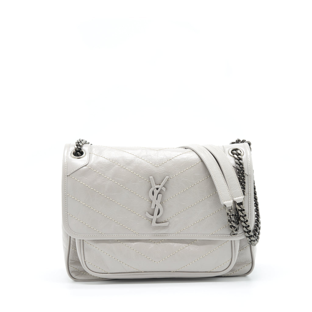 SAINT LAURENT MEDIUM NIKI BAG CALFSKIN LIGHT GREY WITH RUTHENIUM HARDWARE