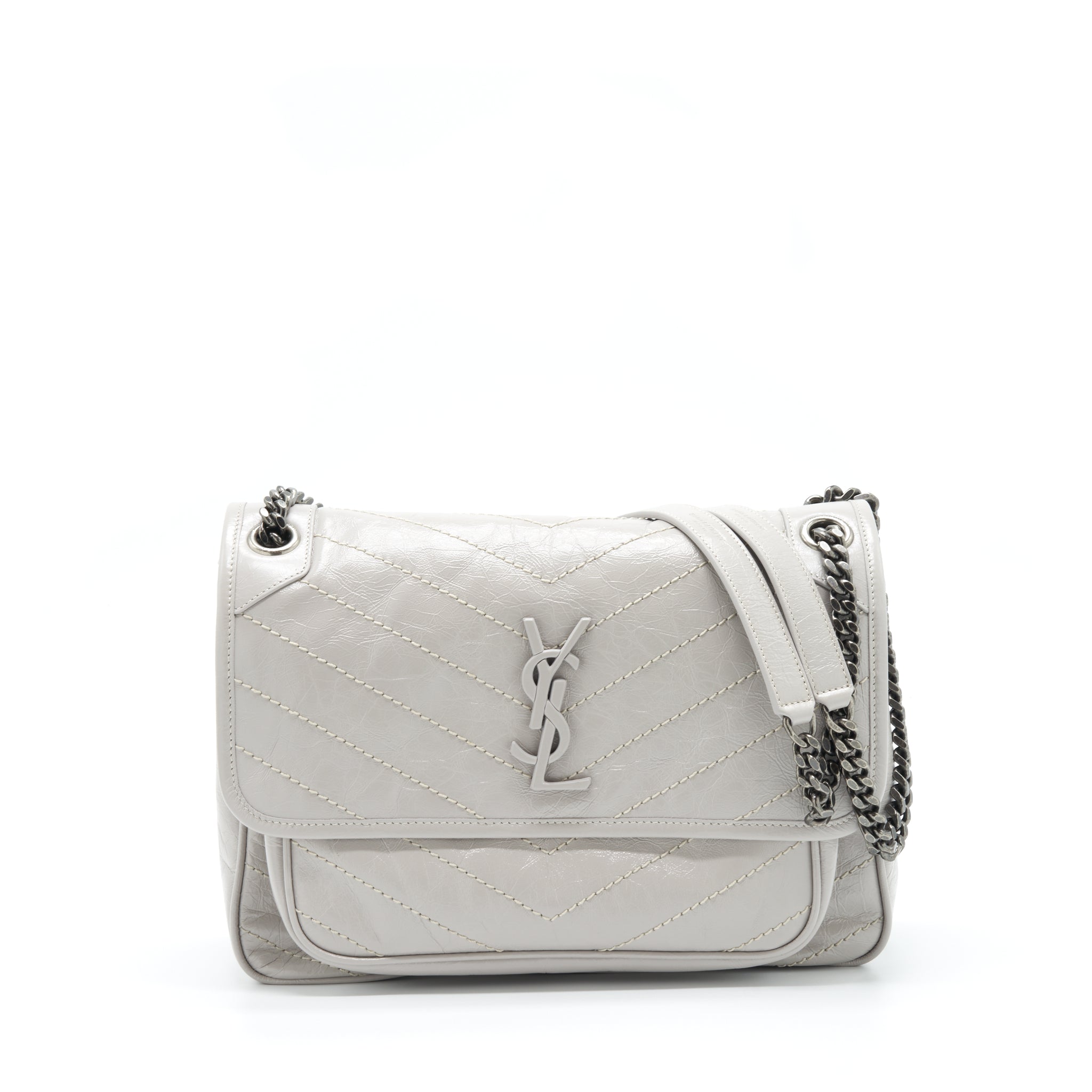 SAINT LAURENT MEDIUM NIKI BAG CALFSKIN LIGHT GREY WITH RUTHENIUM HARDWARE