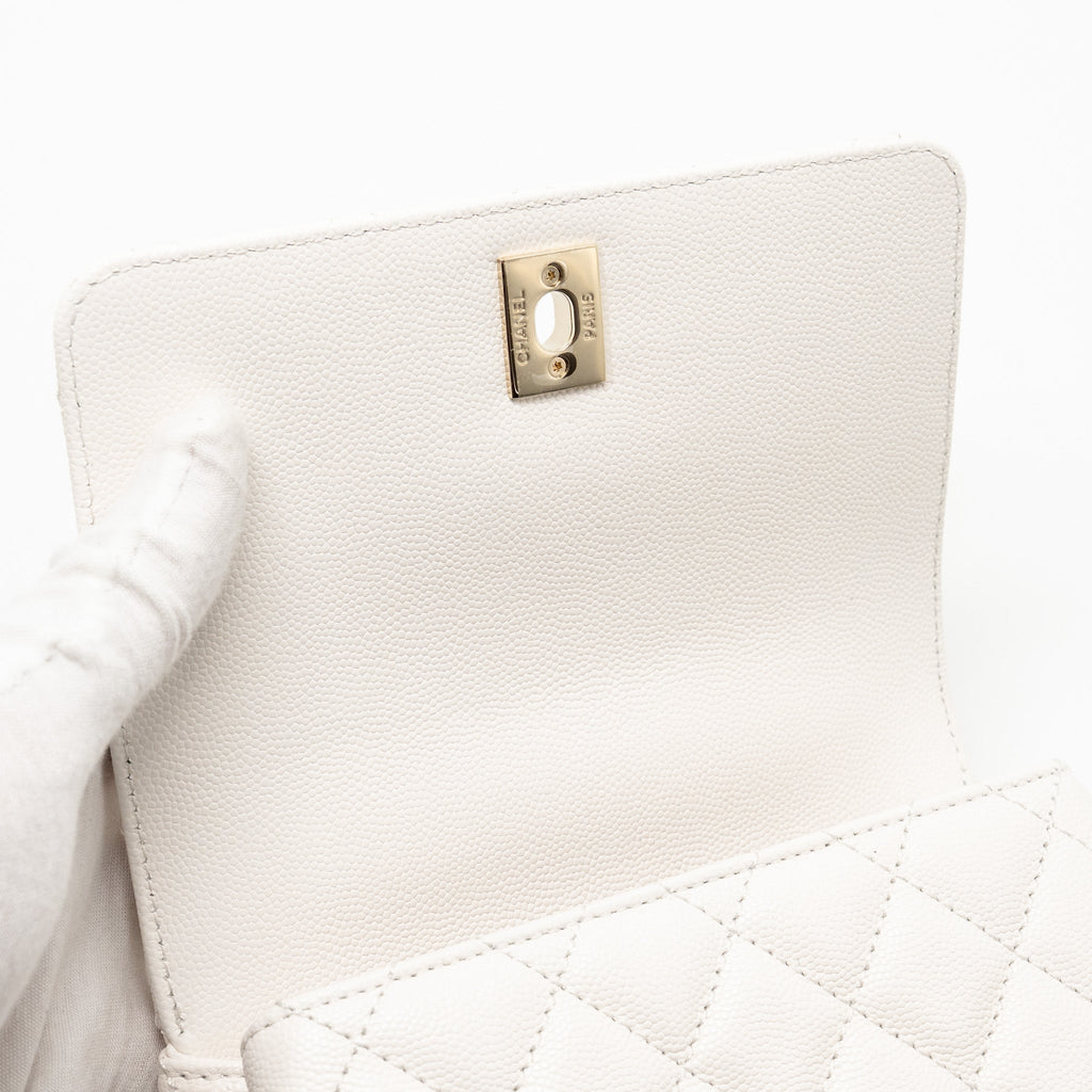 CHANEL MINI COCO HANDLE CAVIAR WHITE LGHW (MICROCHIP)