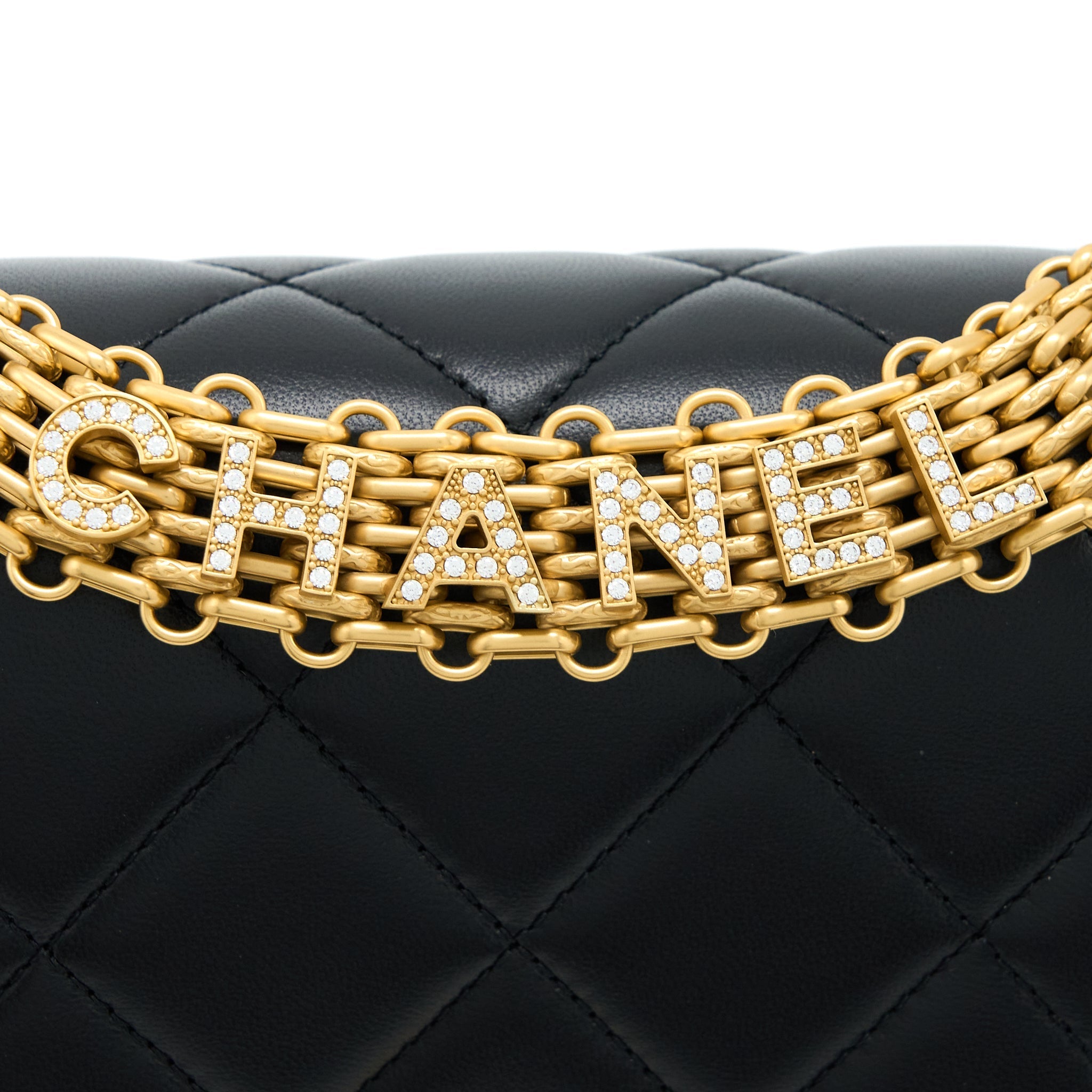 CHANEL 22S LETTER/CRYSTAL HANDLE FLAP BAG LAMBSKIN BLACK BRUSHED GHW(MICROCHIP)