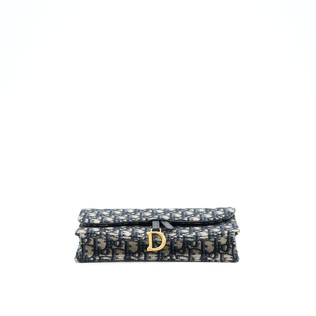 DIOR SADDLE POUCH WITH CHAIN BLUE DIOR OBLIQUE JACQUARD GHW