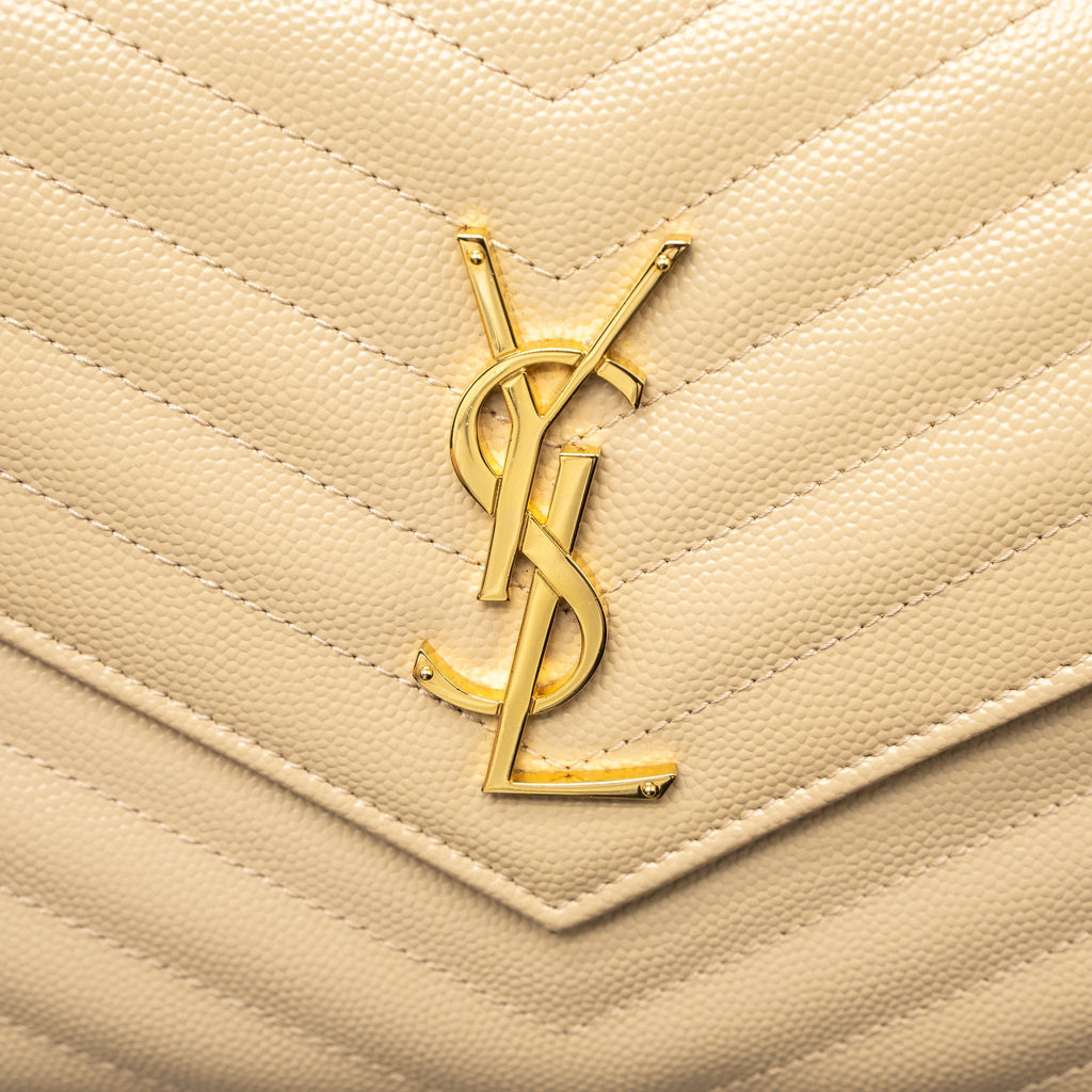 SAINT LAURENT CASSANDRE MATELASSE CHAIN WALLET GRAINED CALFSKIN BEIGE GHW