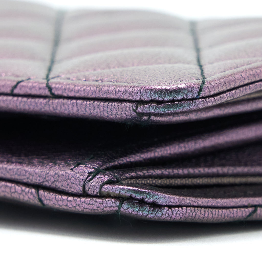CHANEL COMPACT LONG WALLET GRAINED CALFSKIN IRIDESCENT PURPLE MULTICOLOUR HARDWARE