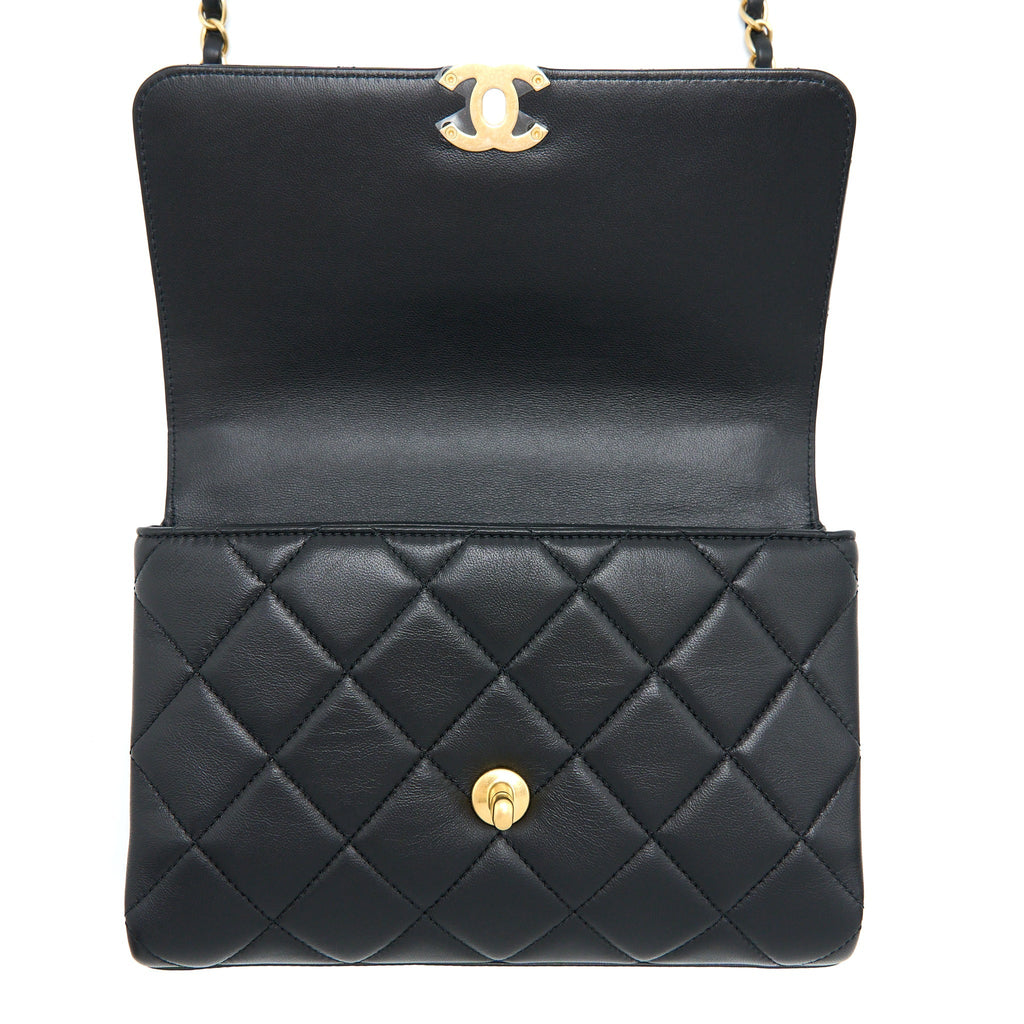 CHANEL 22S LETTER/CRYSTAL HANDLE FLAP BAG LAMBSKIN BLACK BRUSHED GHW(MICROCHIP)