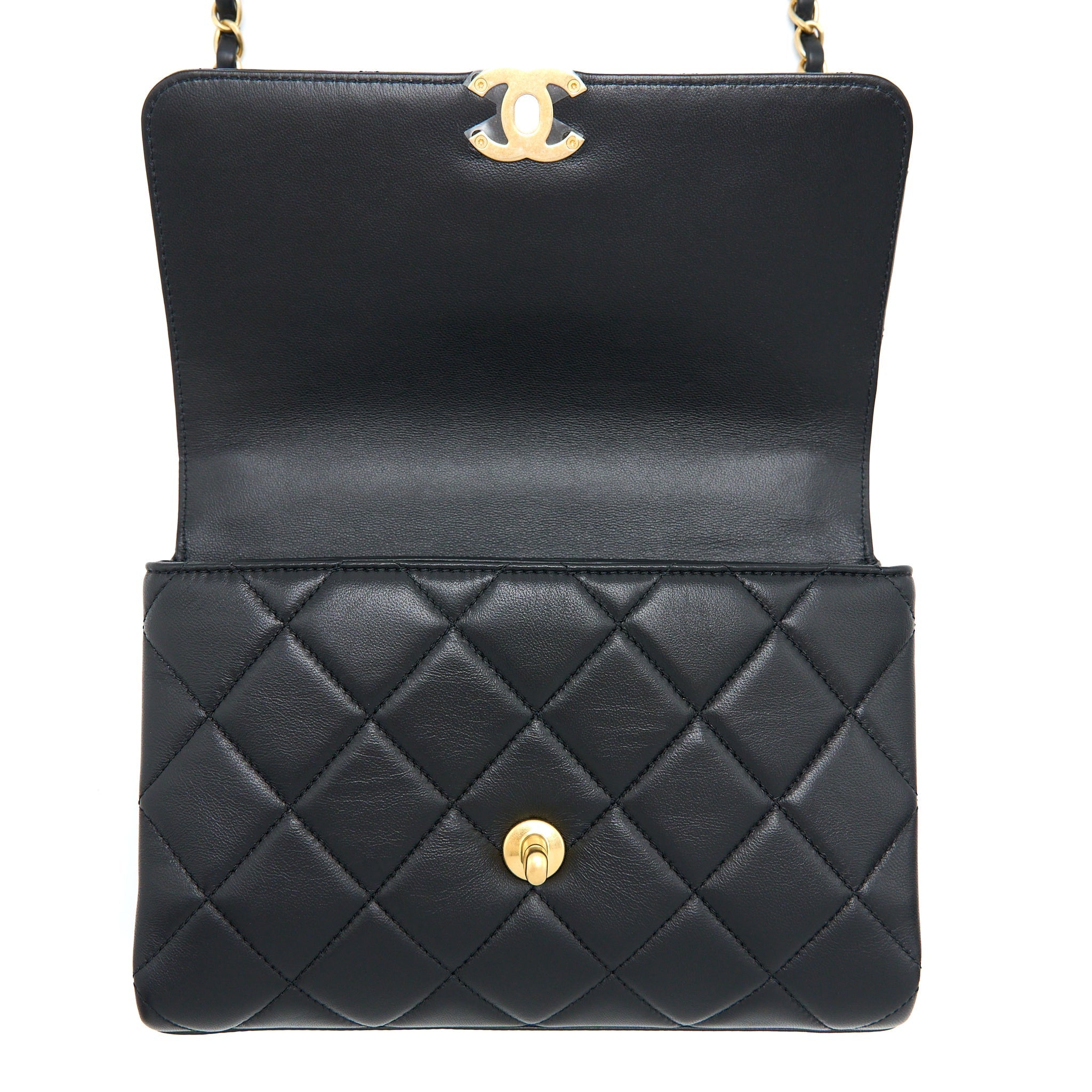 CHANEL 22S LETTER/CRYSTAL HANDLE FLAP BAG LAMBSKIN BLACK BRUSHED GHW(MICROCHIP)