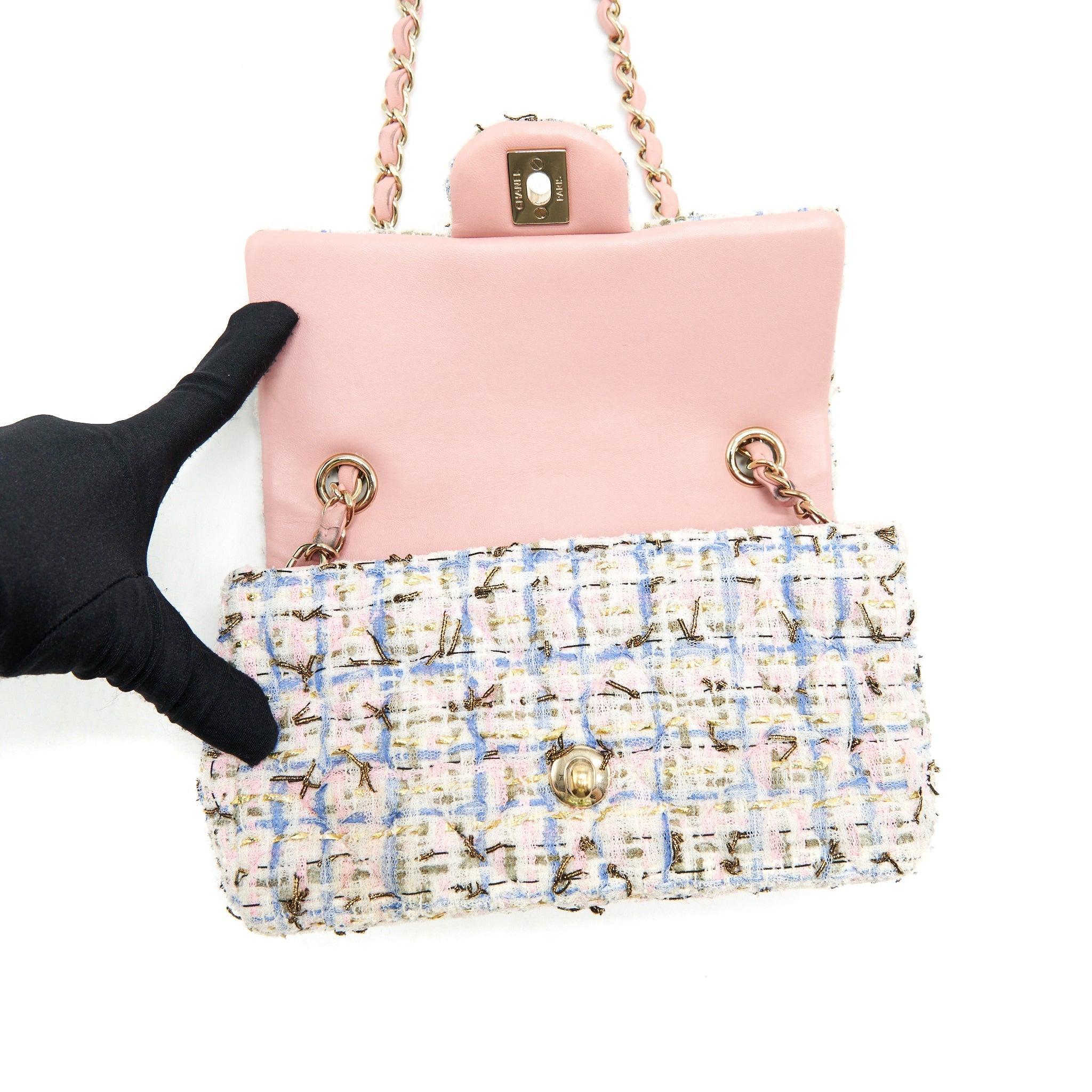 CHANEL RECTANGULAR MINI FLAP BAG TWEED MULTICOLOUR LGHW
