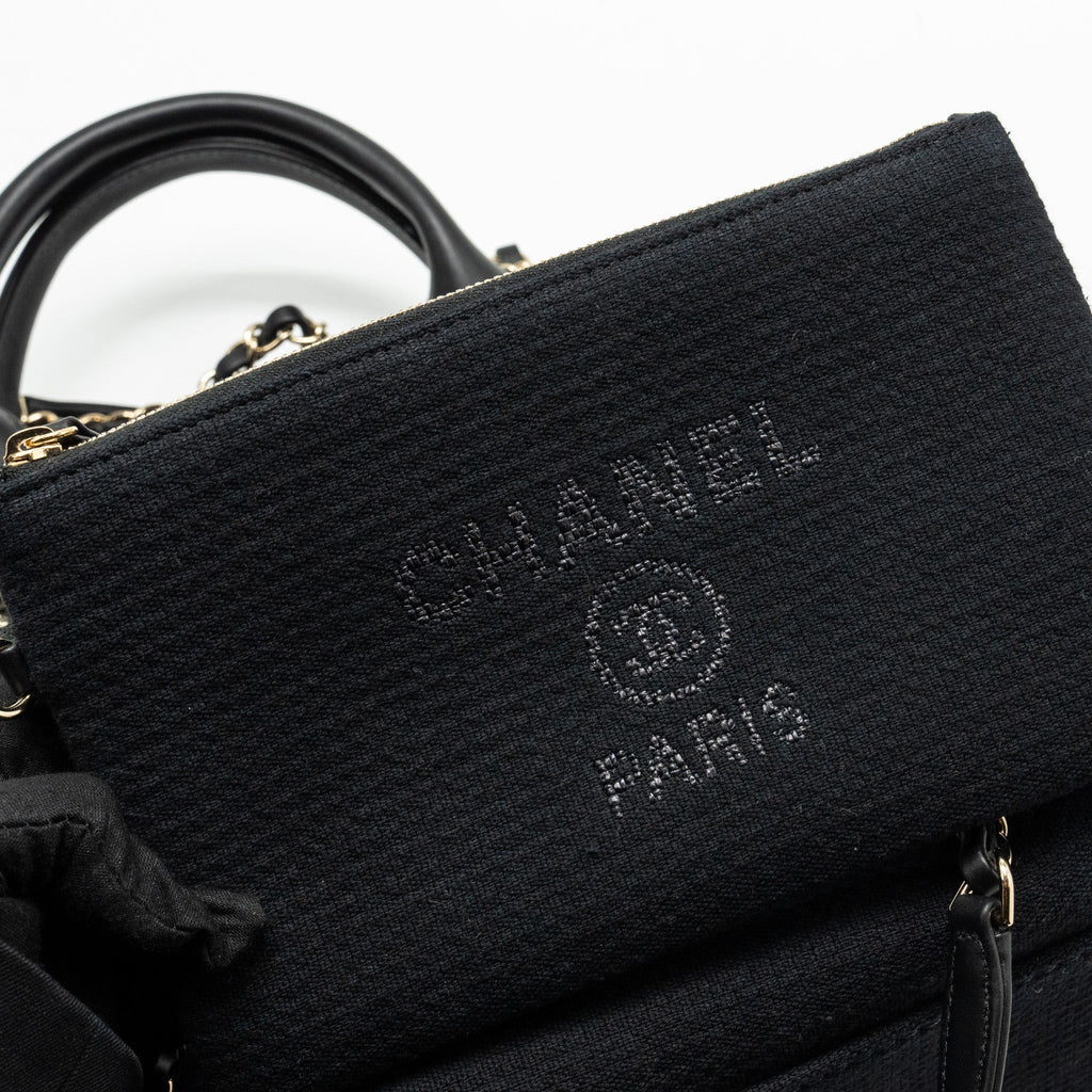 CHANEL SMALL DEAUVILLE SHOPPING TOTE BAG CALFSKIN/FABRIC BLACK LGHW (MICROCHIP)
