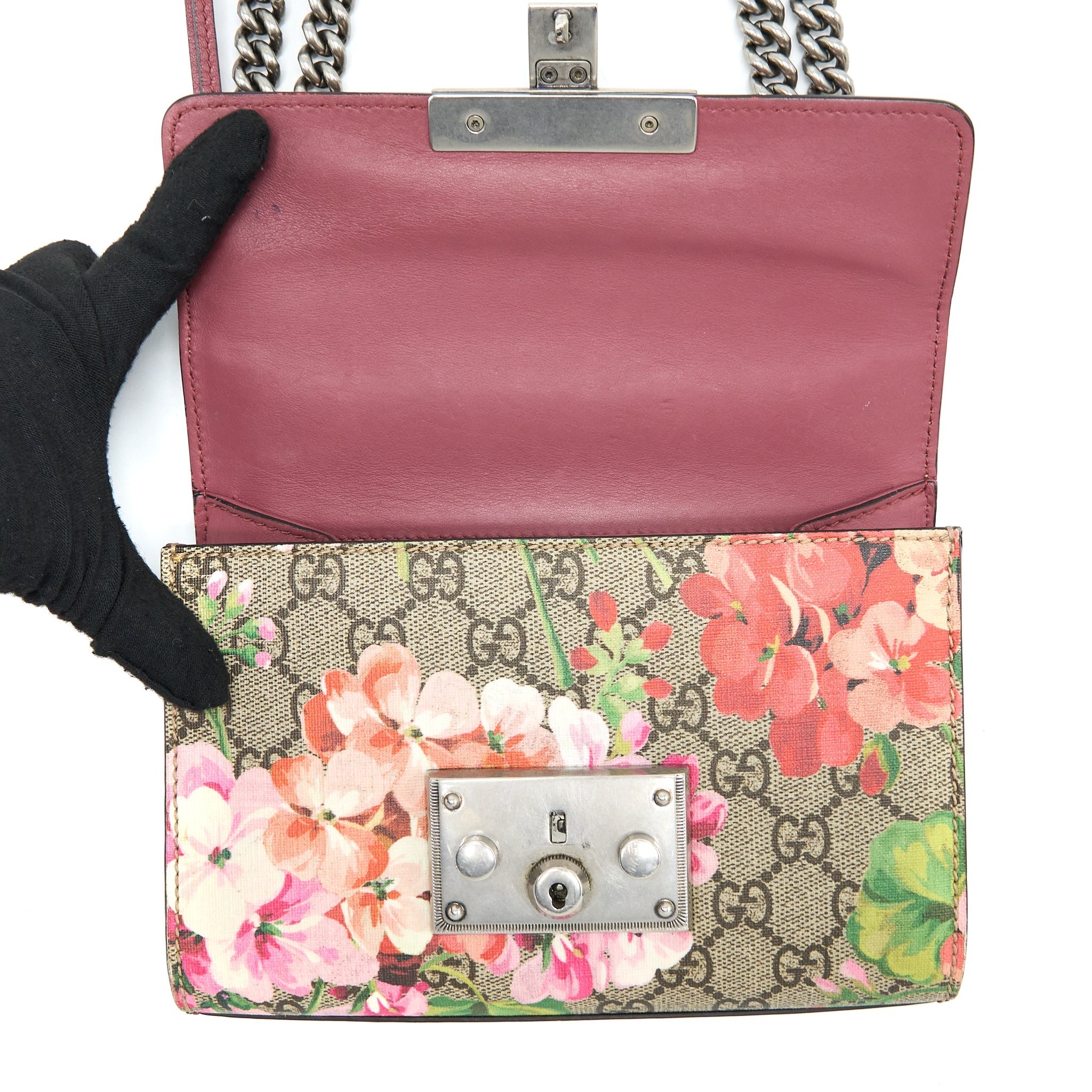 GUCCI PADLOCK CHAIN CROSSBODY BAG FLOWER PRINT GG SUPREME CANVAS SHW