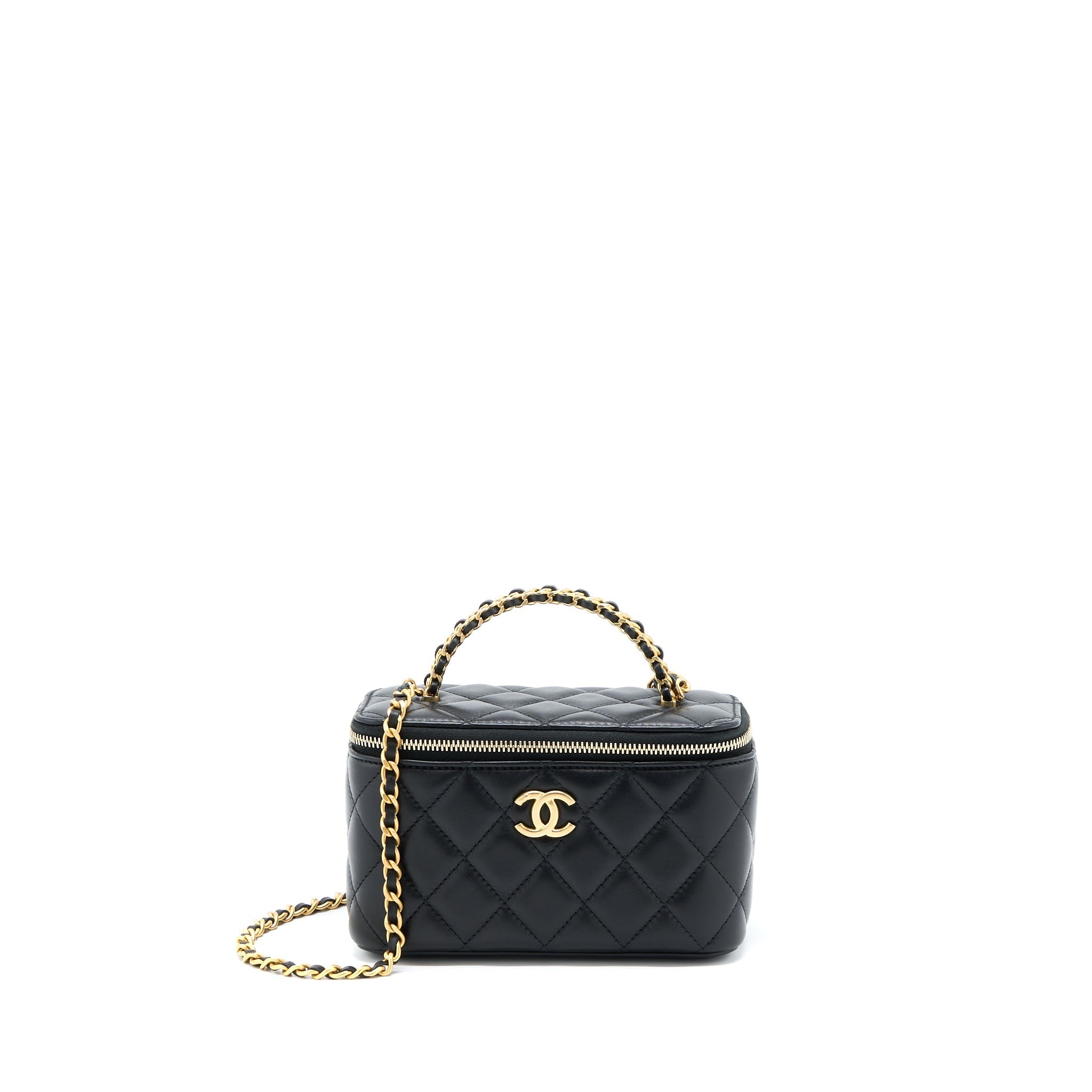 CHANEL 22K LEATHER CHAIN TOP HANDLE LONG VANITY CASE LAMBSKIN BLACK BRUSHED GHW