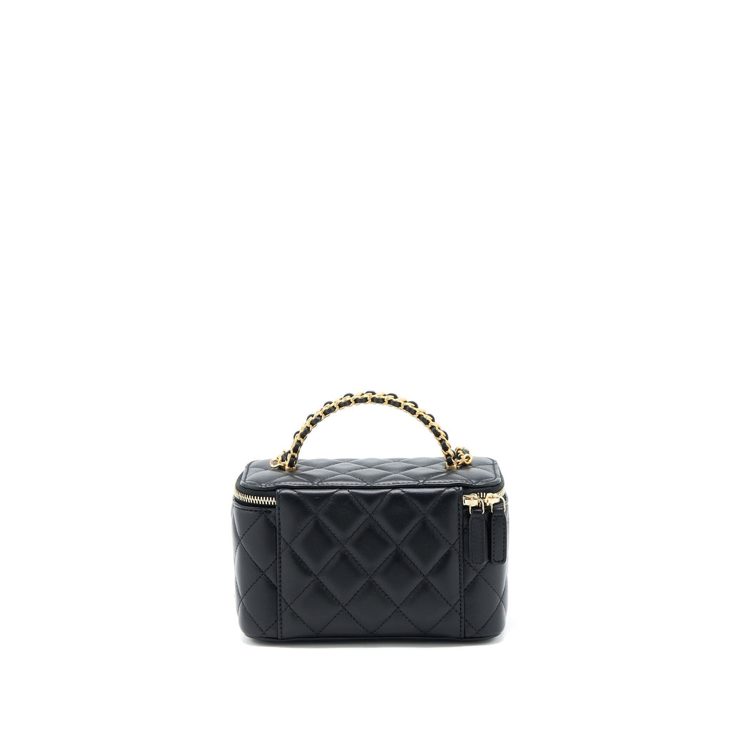 CHANEL 22K LEATHER CHAIN TOP HANDLE LONG VANITY CASE LAMBSKIN BLACK BRUSHED GHW