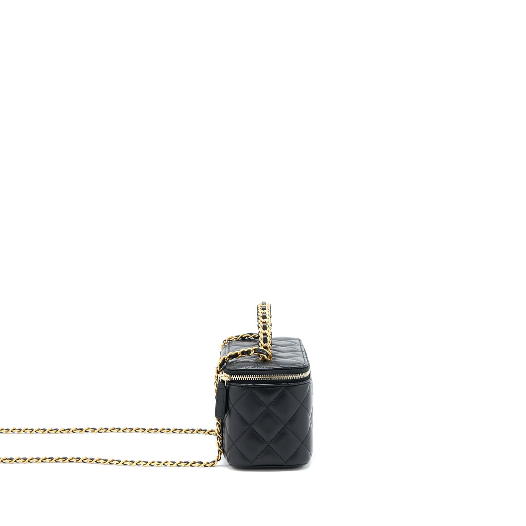 CHANEL 22K LEATHER CHAIN TOP HANDLE LONG VANITY CASE LAMBSKIN BLACK BRUSHED GHW