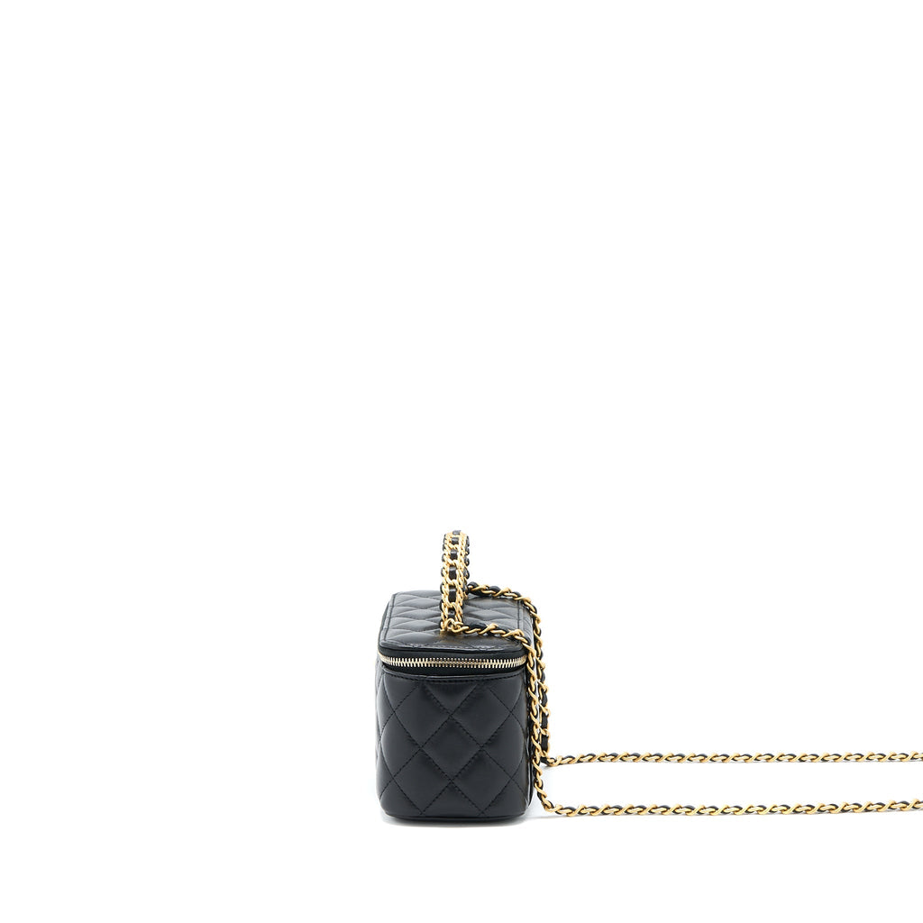 CHANEL 22K LEATHER CHAIN TOP HANDLE LONG VANITY CASE LAMBSKIN BLACK BRUSHED GHW