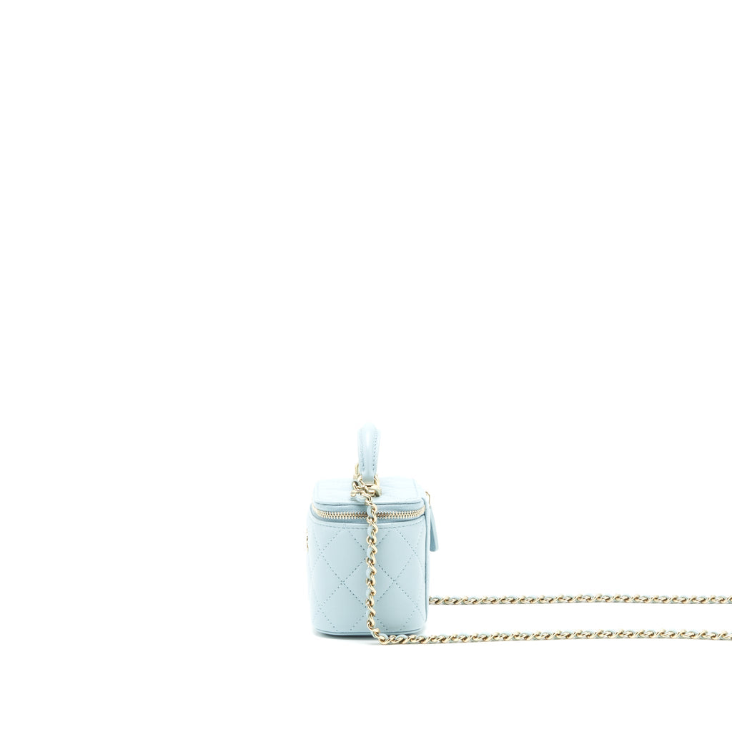 CHANEL 22P TOP HANDLE MINI VANITY WITH CHAIN LAMBSKIN LIGHT BLUE LGHW