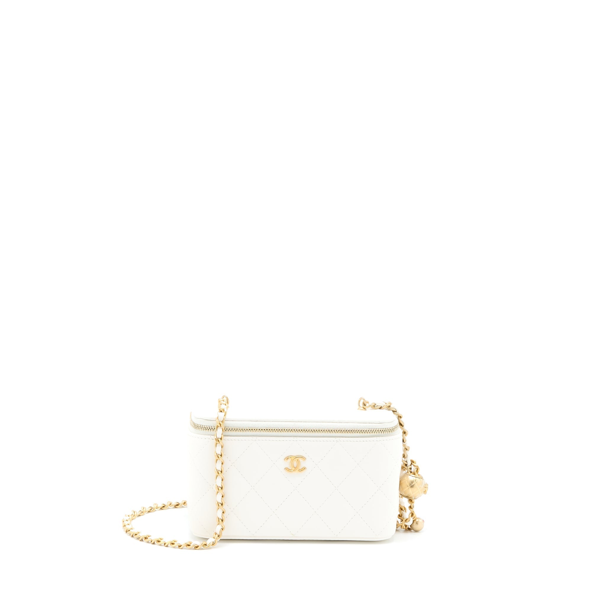 CHANEL PEARL CRUSH LONG VANITY CASE LAMBSKIN WHITE BRUSHED GHW