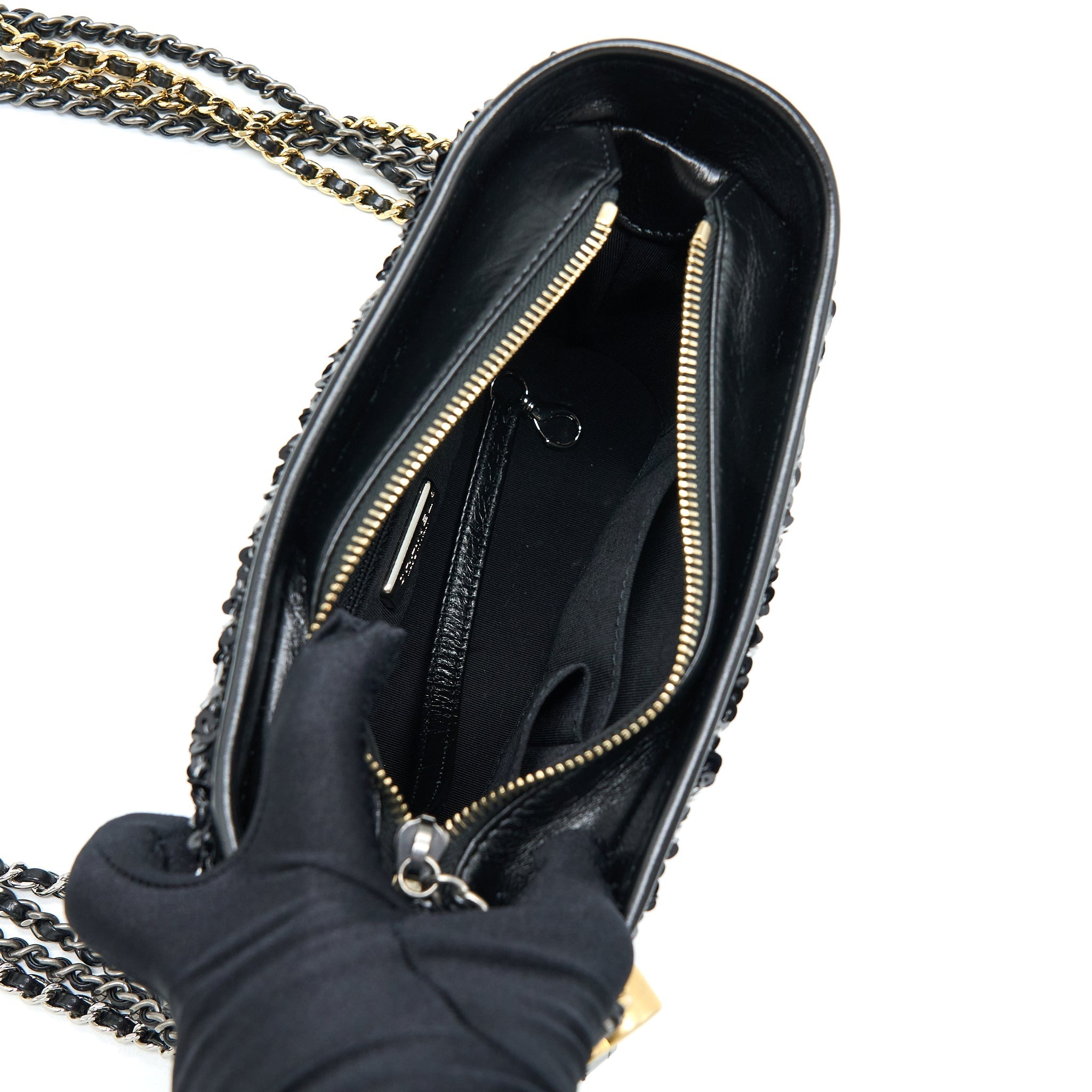 CHANEL SMALL GABRIELLE HOBO BAG SEQUINS BLACK/WHITE WITH MULTICOLOUR HARDWARE