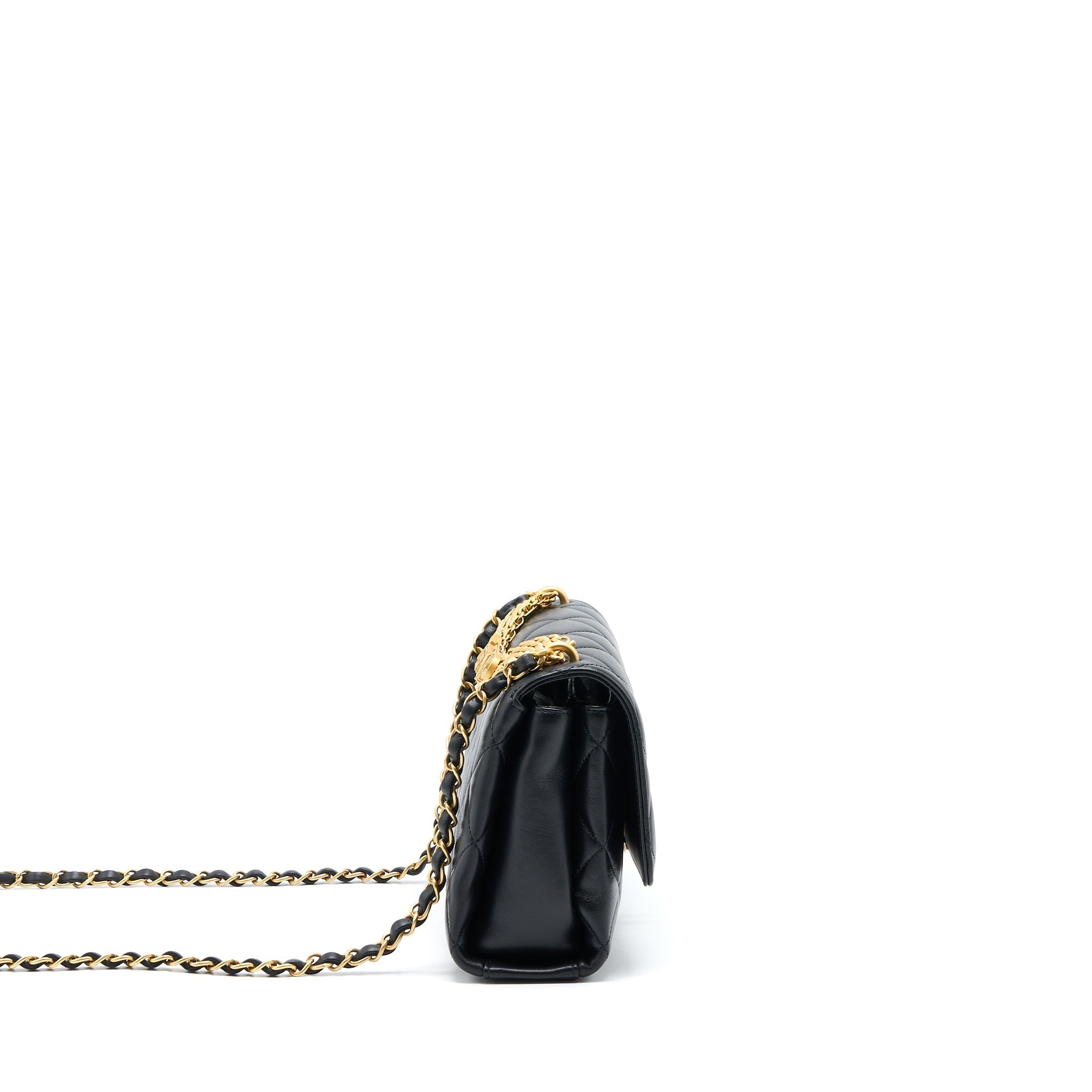 CHANEL 22S LETTER/CRYSTAL HANDLE FLAP BAG LAMBSKIN BLACK BRUSHED GHW(MICROCHIP)