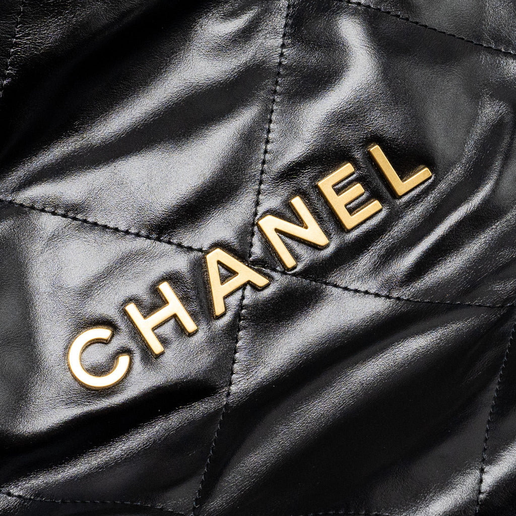 CHANEL SMALL 22 BAG GOLD LETTER SHINY CALFSKIN BLACK GHW (MICROCHIP)
