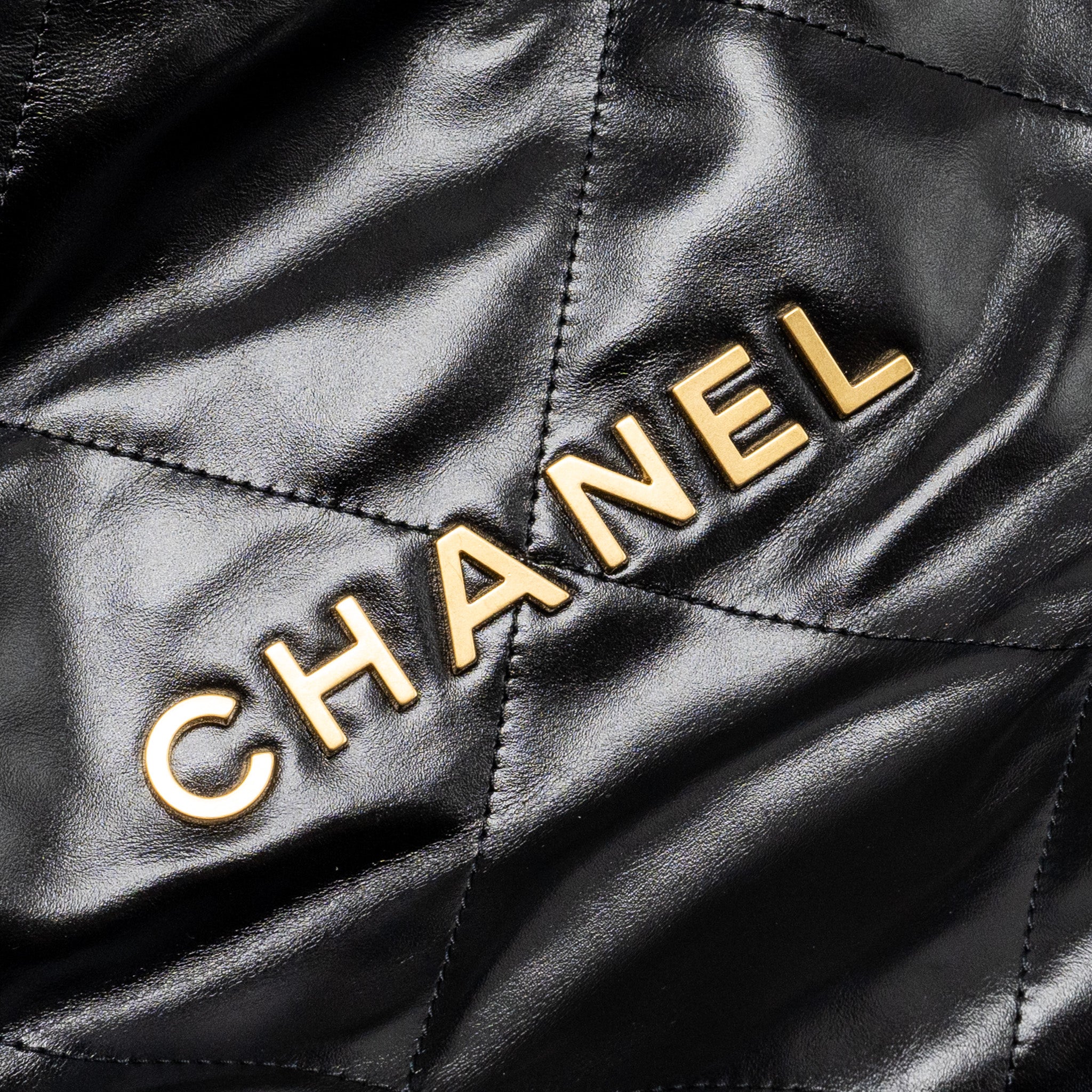 CHANEL SMALL 22 BAG GOLD LETTER SHINY CALFSKIN BLACK GHW (MICROCHIP)