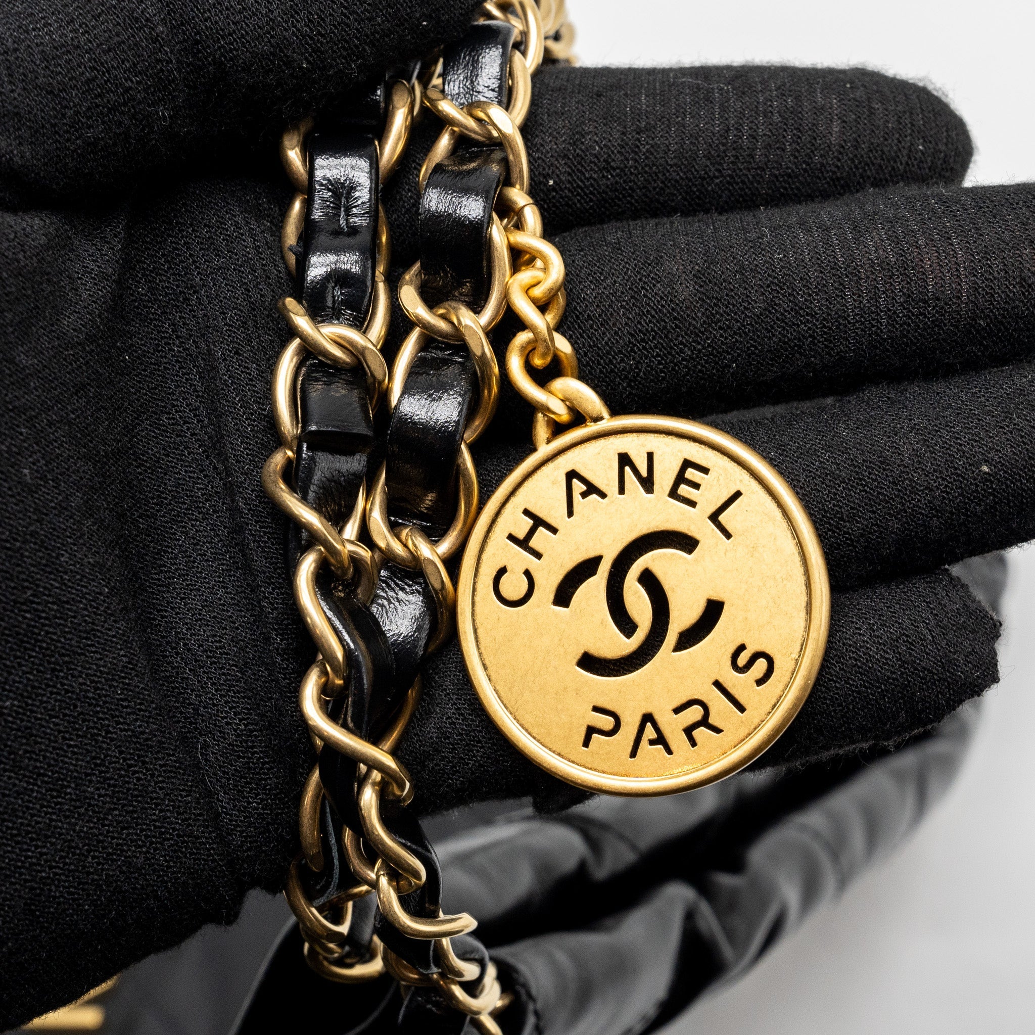 CHANEL SMALL 22 BAG GOLD LETTER SHINY CALFSKIN BLACK GHW (MICROCHIP)