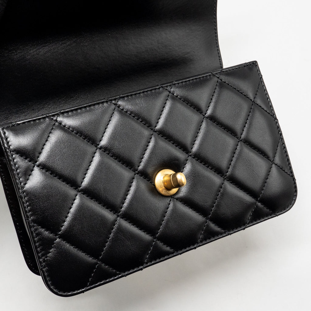CHANEL GOLD CRUSH MINI FLAP BAG CALFSKIN BLACK GHW (MICROCHIP)