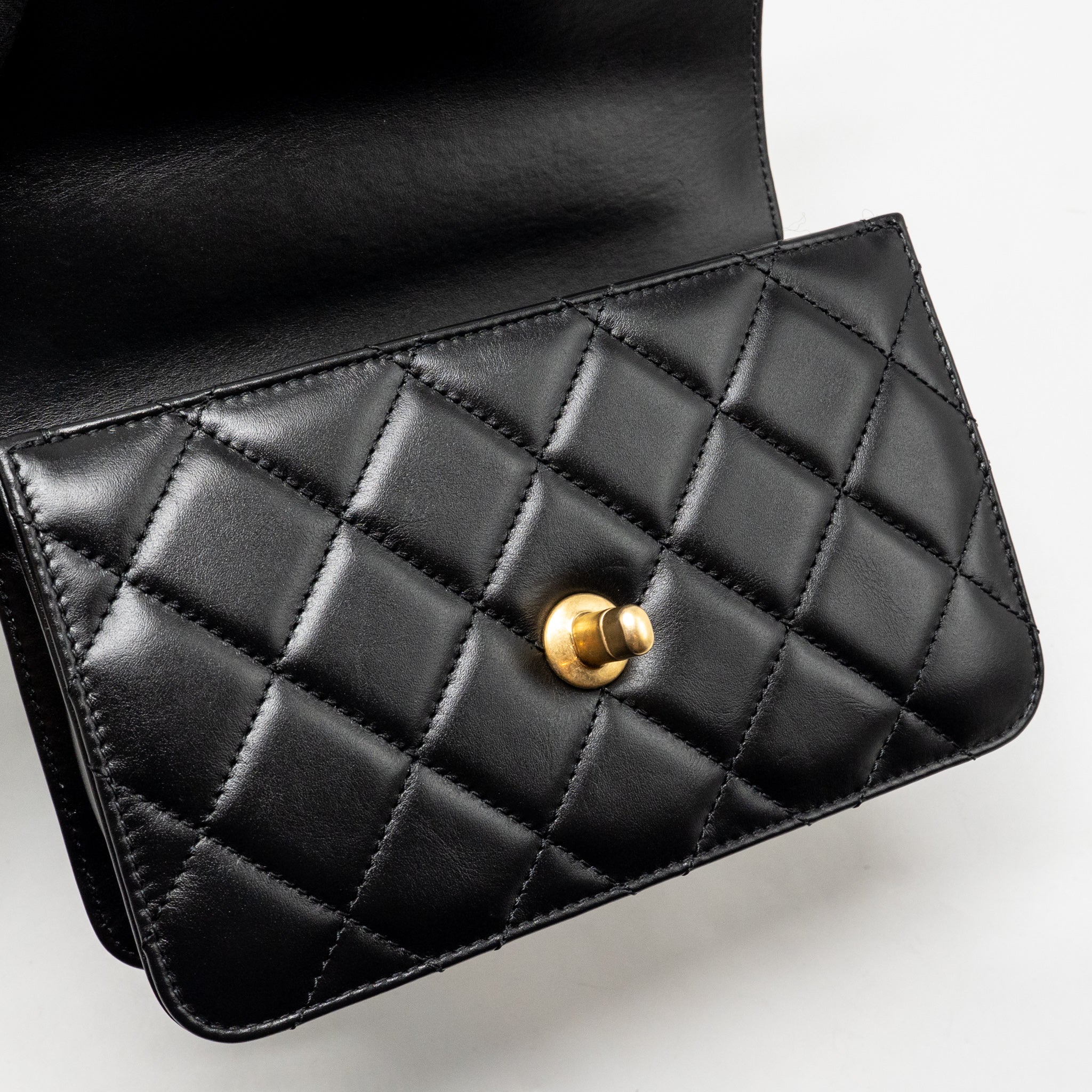 CHANEL GOLD CRUSH MINI FLAP BAG CALFSKIN BLACK GHW (MICROCHIP)