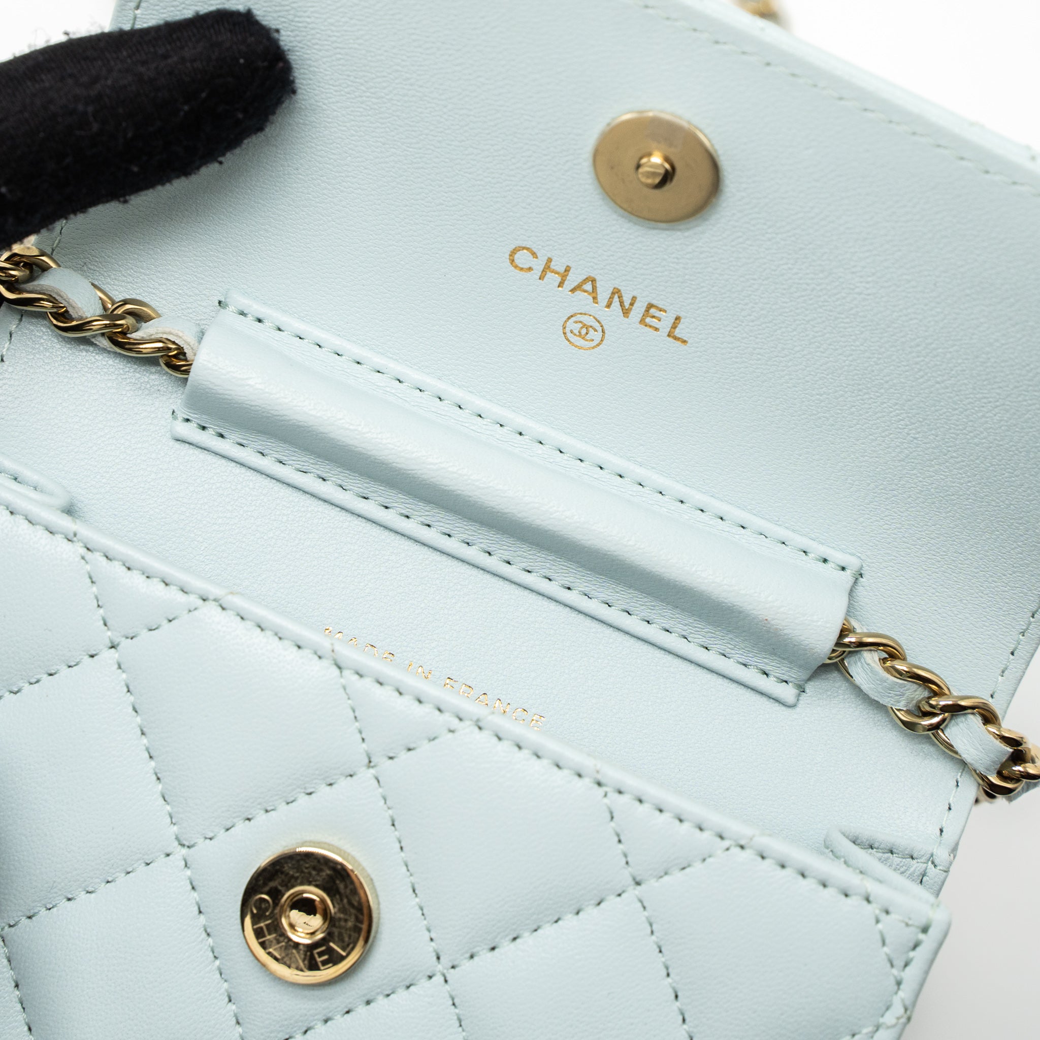 CHANEL MINI FLAP BAG RIBBON CHAINS LAMBSKIN LIGHT BLUE LGHW