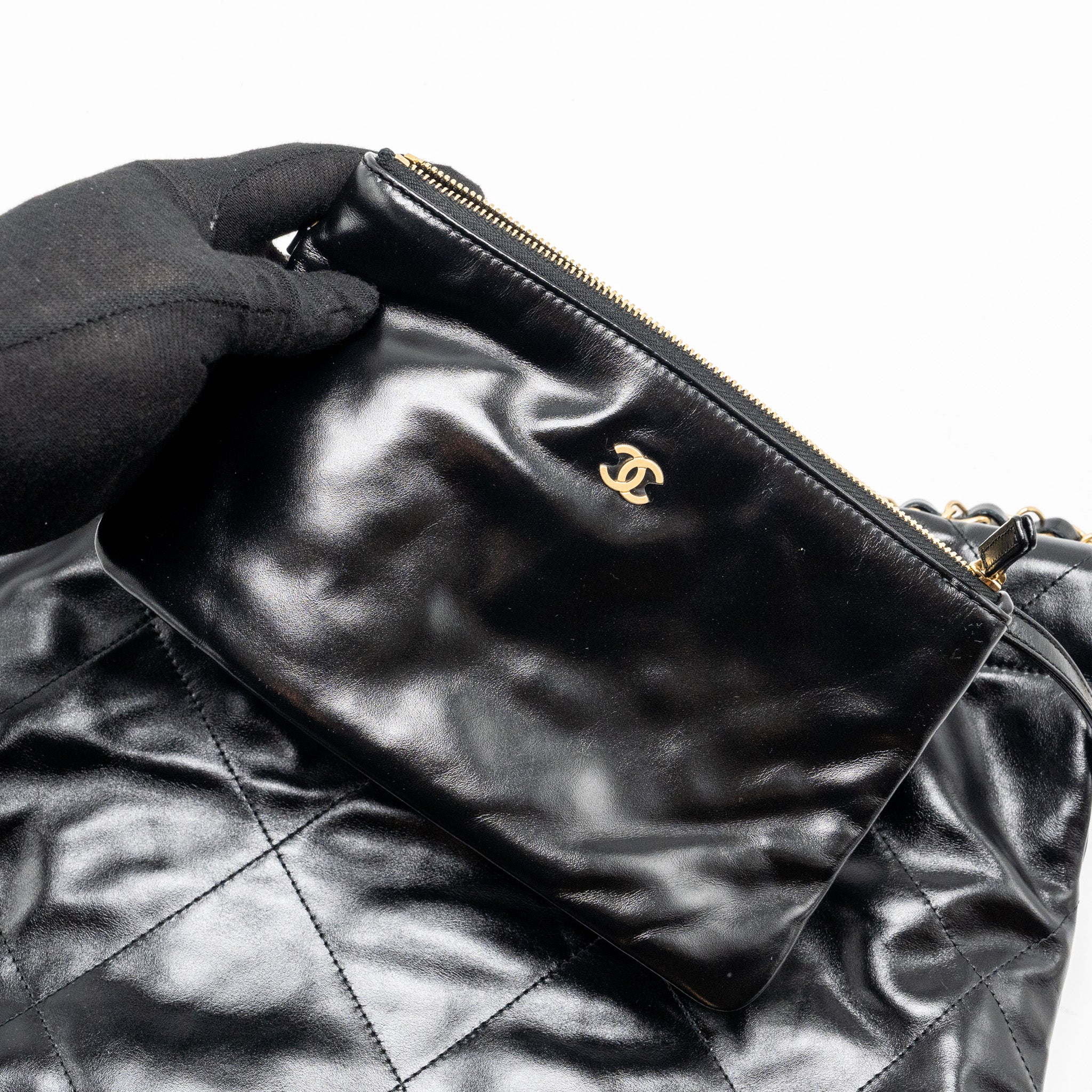 CHANEL SMALL 22 BAG GOLD LETTER SHINY CALFSKIN BLACK GHW (MICROCHIP)