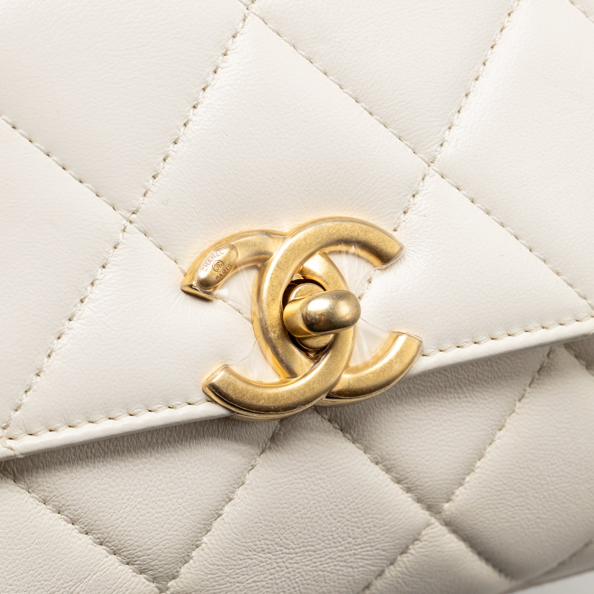 CHANEL QUILTED FLAP BAG WITH LETTER CHAIN LAMBSKIN WHITE GHW (MICROCHIP)