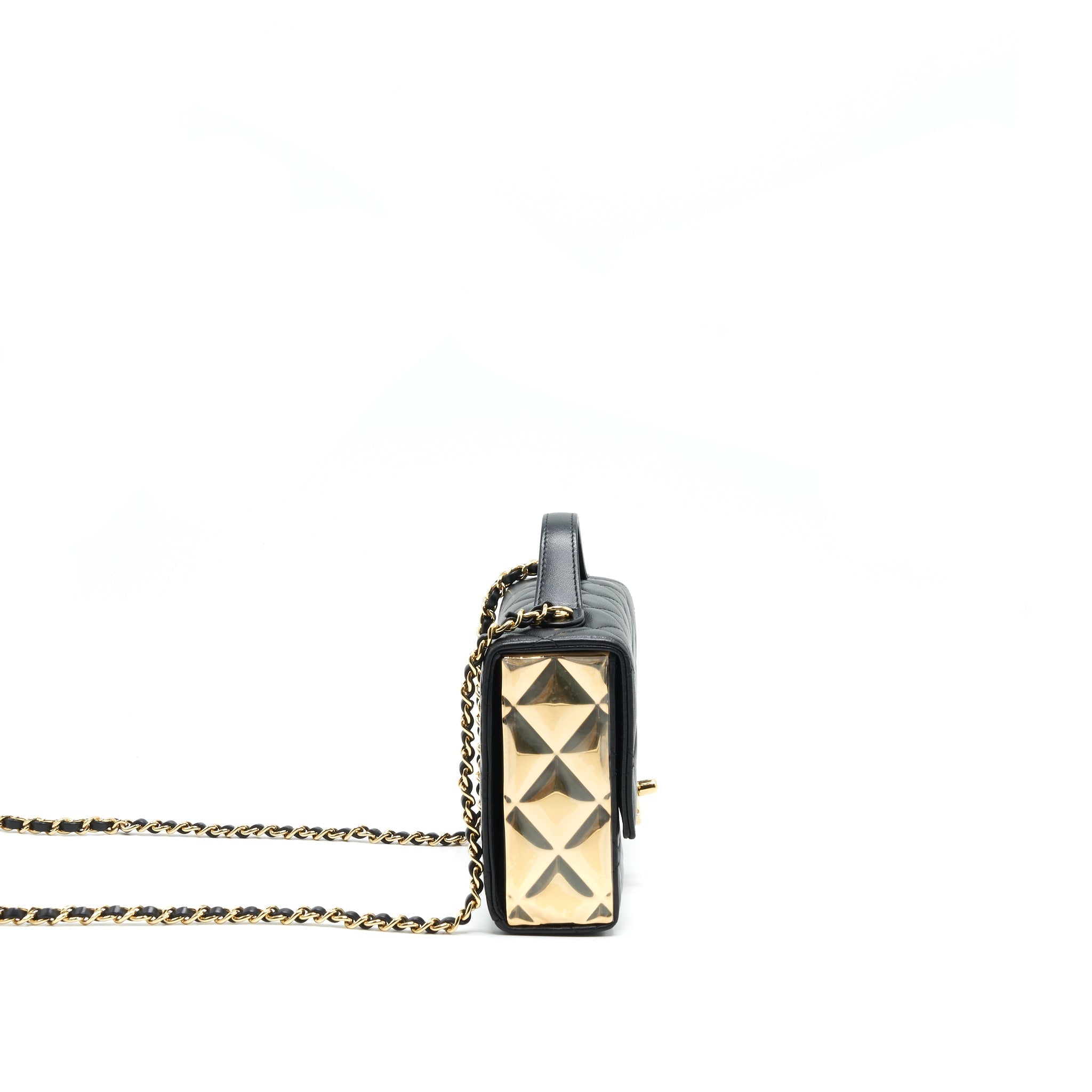 CHANEL 21K GOLD METAL MINI FLAP BAG WITH HANDLE BLACK GHW