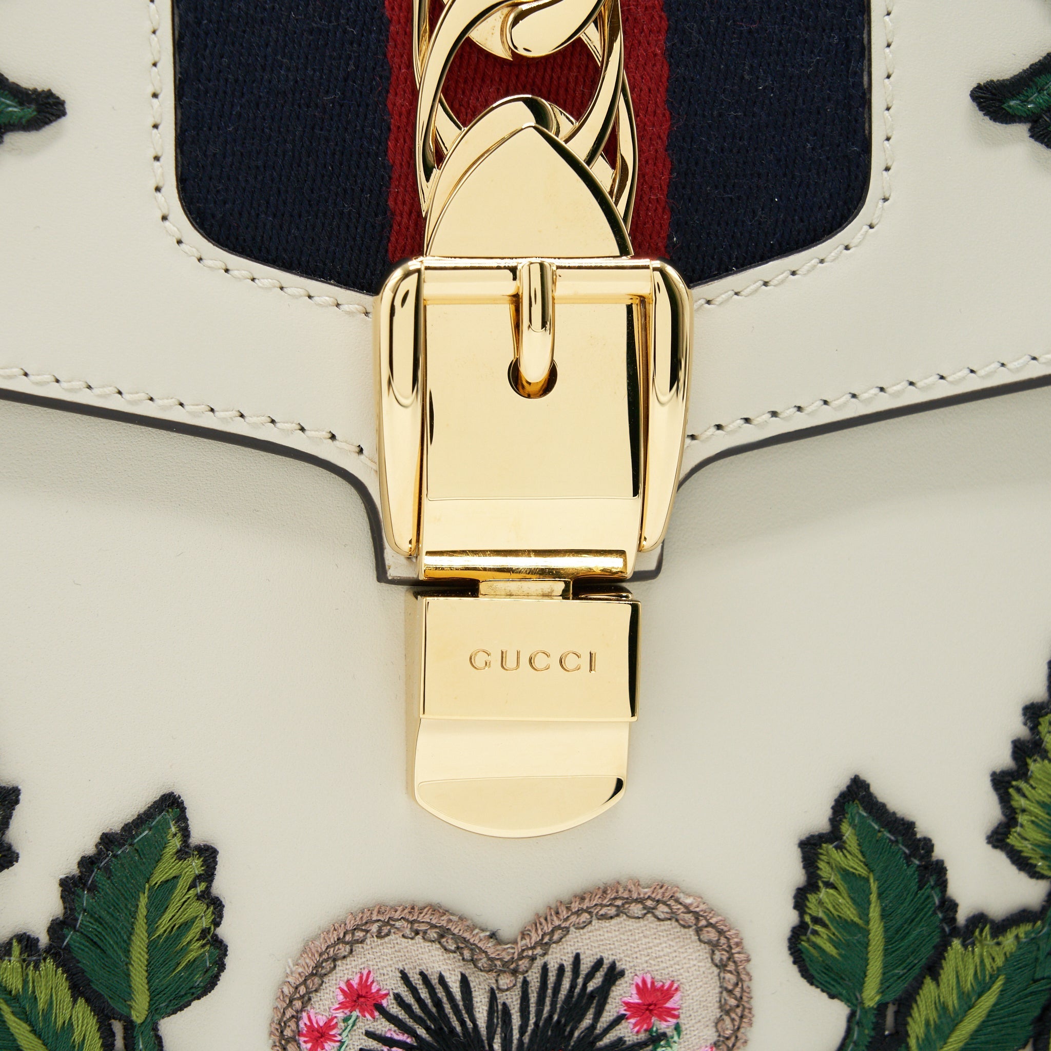 GUCCI SYLVIE TOP HANDLE EMBROIDERED MEDIUM TOTE BAG WHITE