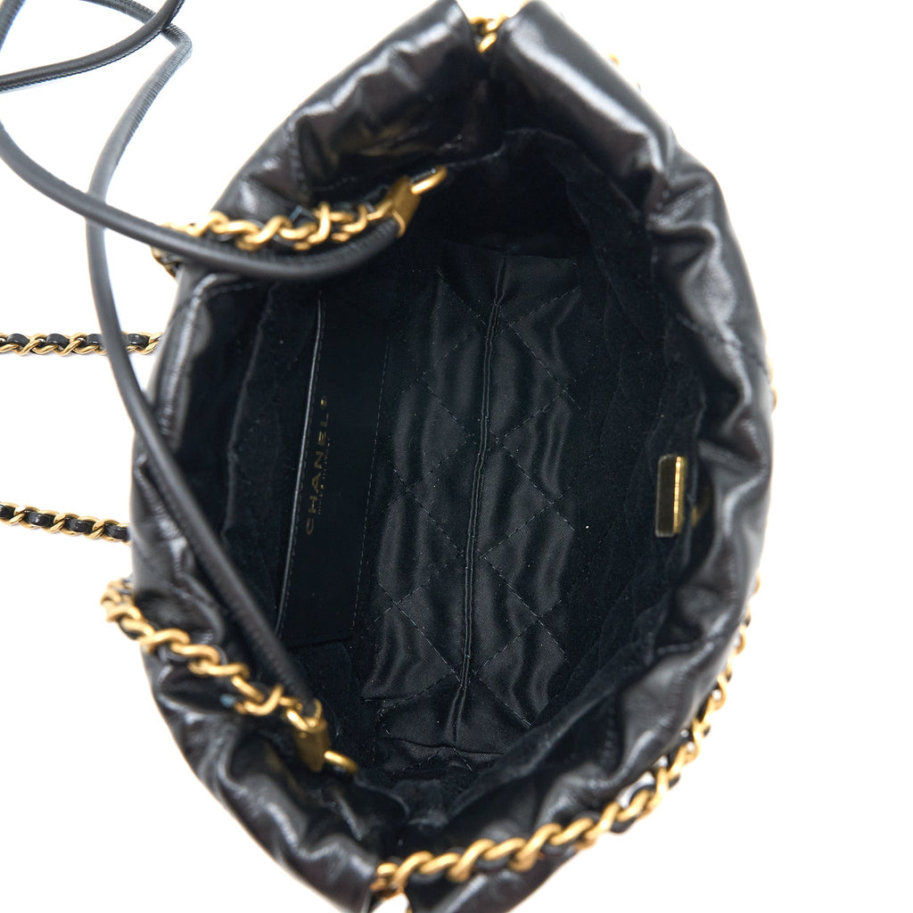 CHANEL MINI 22 BAG SHINY CALFSKIN BLACK BRUSHED GHW (MICROCHIP)