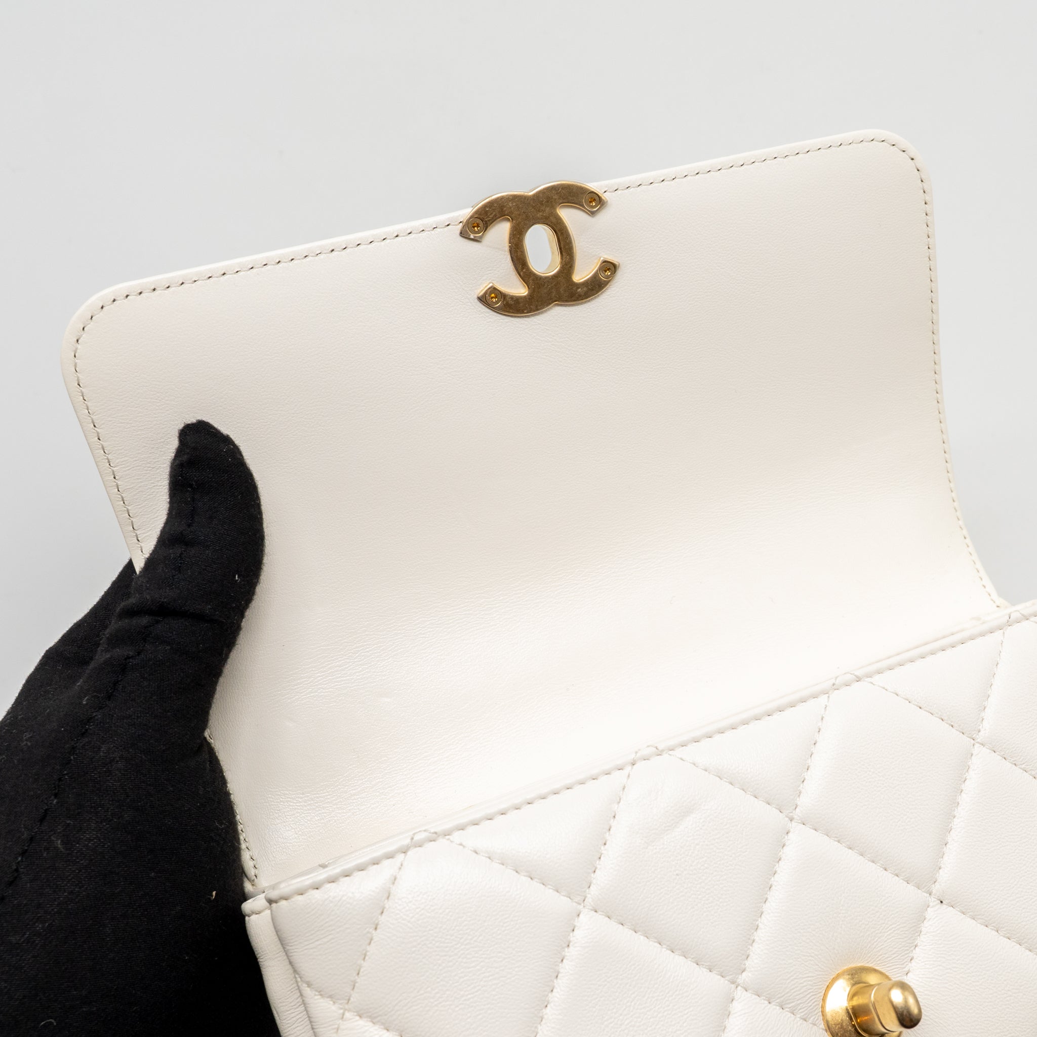 CHANEL QUILTED FLAP BAG WITH LETTER CHAIN LAMBSKIN WHITE GHW (MICROCHIP)