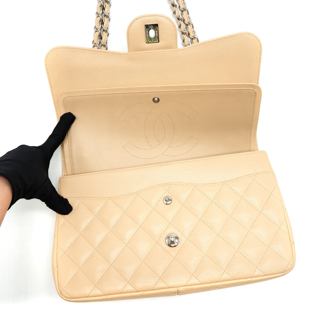 CHANEL CLASSIC JUMBO DOUBLE FLAP BAG CAVIAR BEIGE SHW